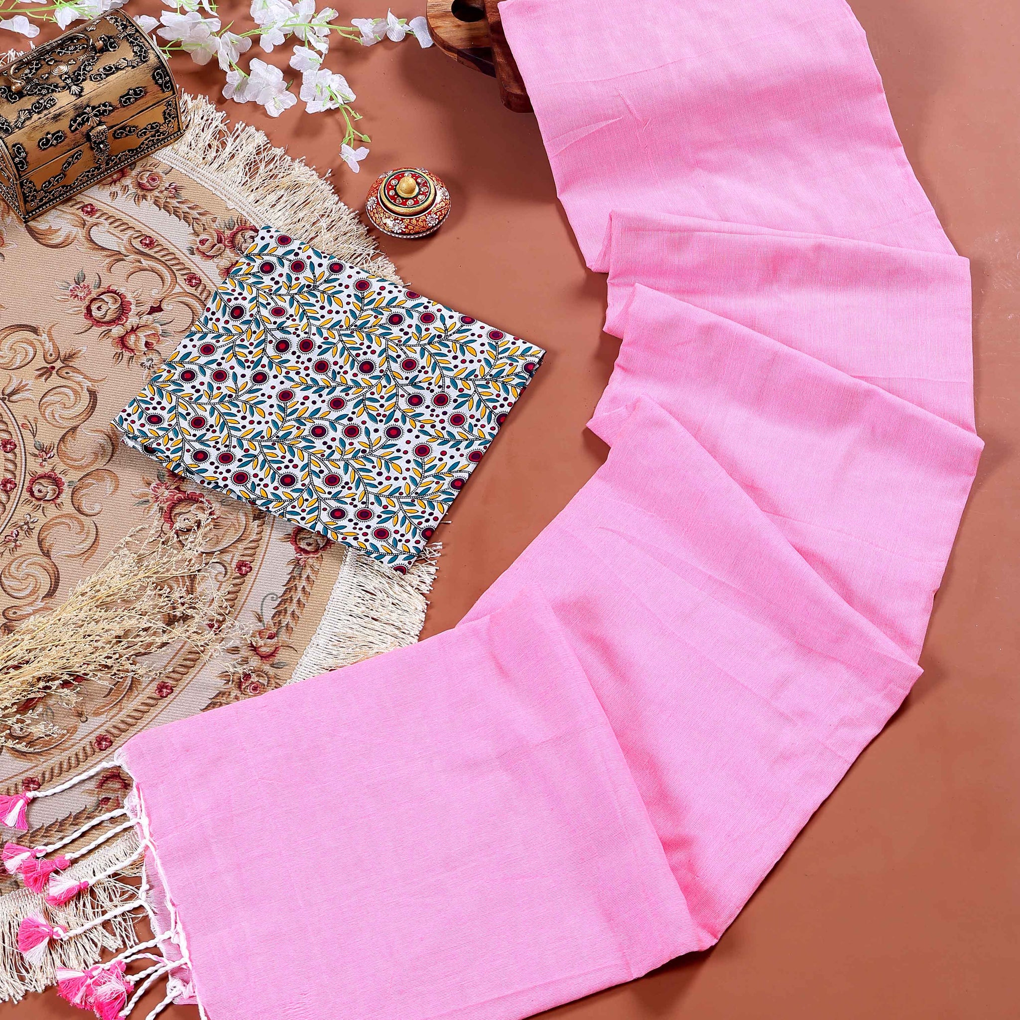 Handloom Khadi Cotton Saree with Contrast Printed Blouse and Tassel Accents - Pink