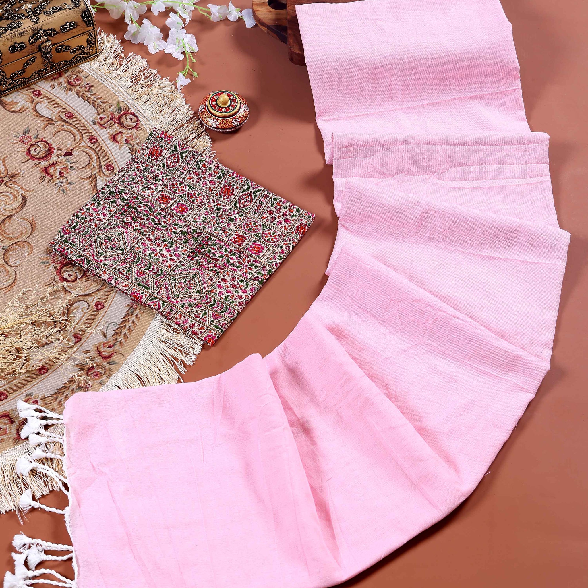 Handloom Khadi Cotton Saree with Contrast Printed Blouse and Tassel Accents - Pink-five