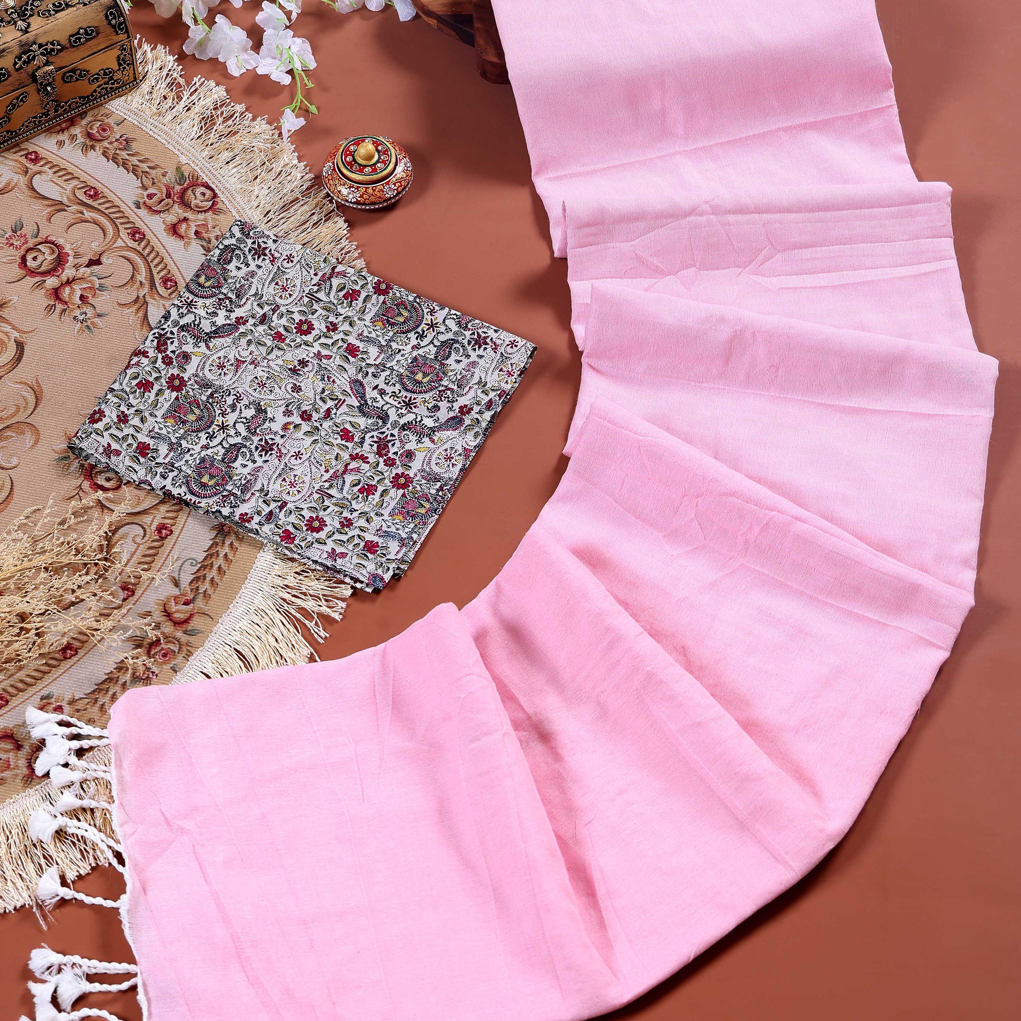 Handloom Khadi Cotton Saree with Contrast Printed Blouse and Tassel Accents - Pink