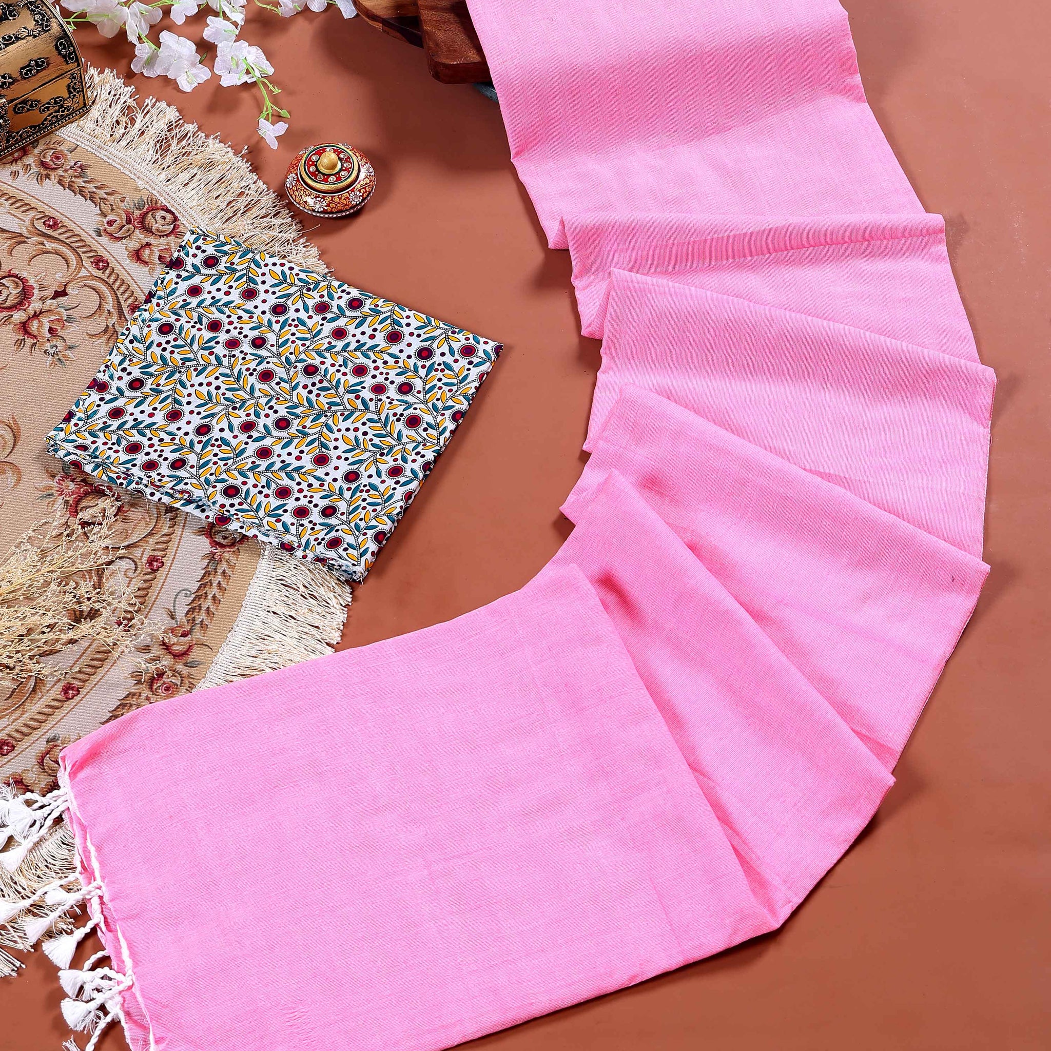 Handloom Khadi Cotton Saree with Contrast Printed Blouse and Tassel Accents - Pink
