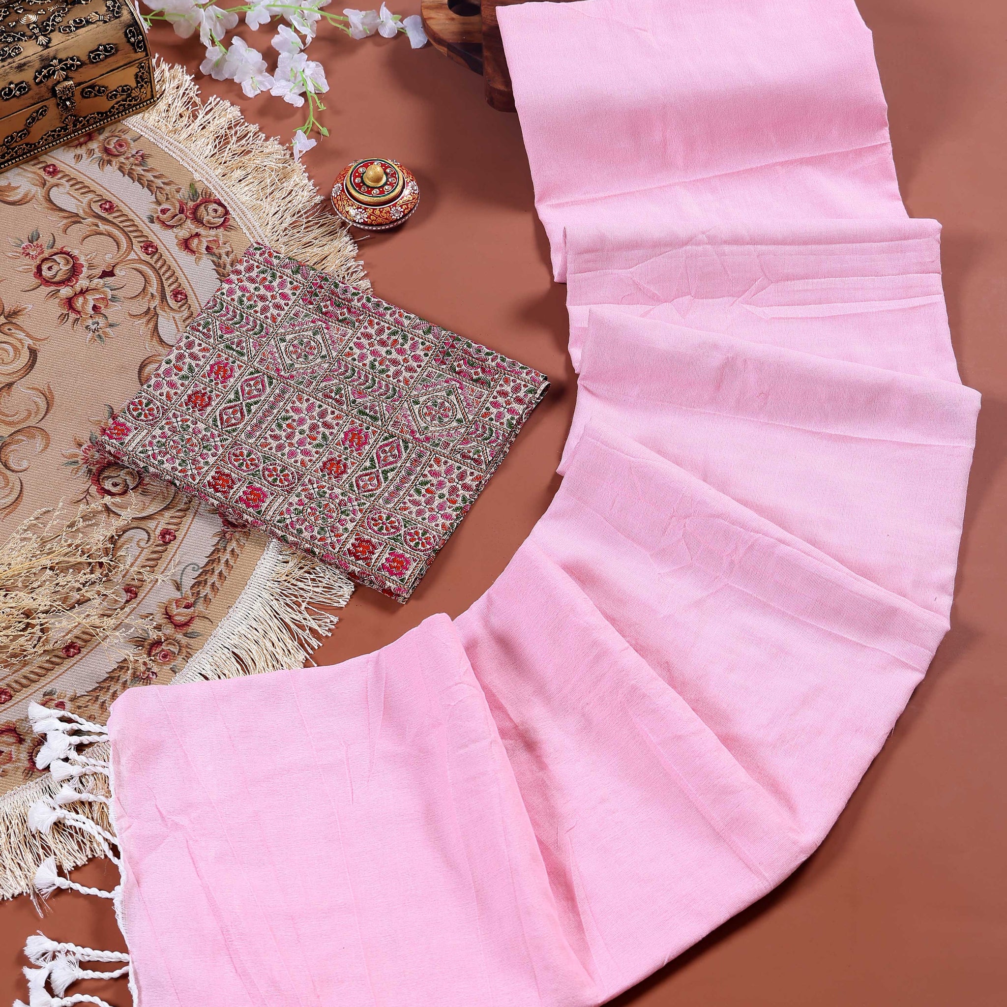Handloom Khadi Cotton Saree with Contrast Printed Blouse and Tassel Accents - Pink