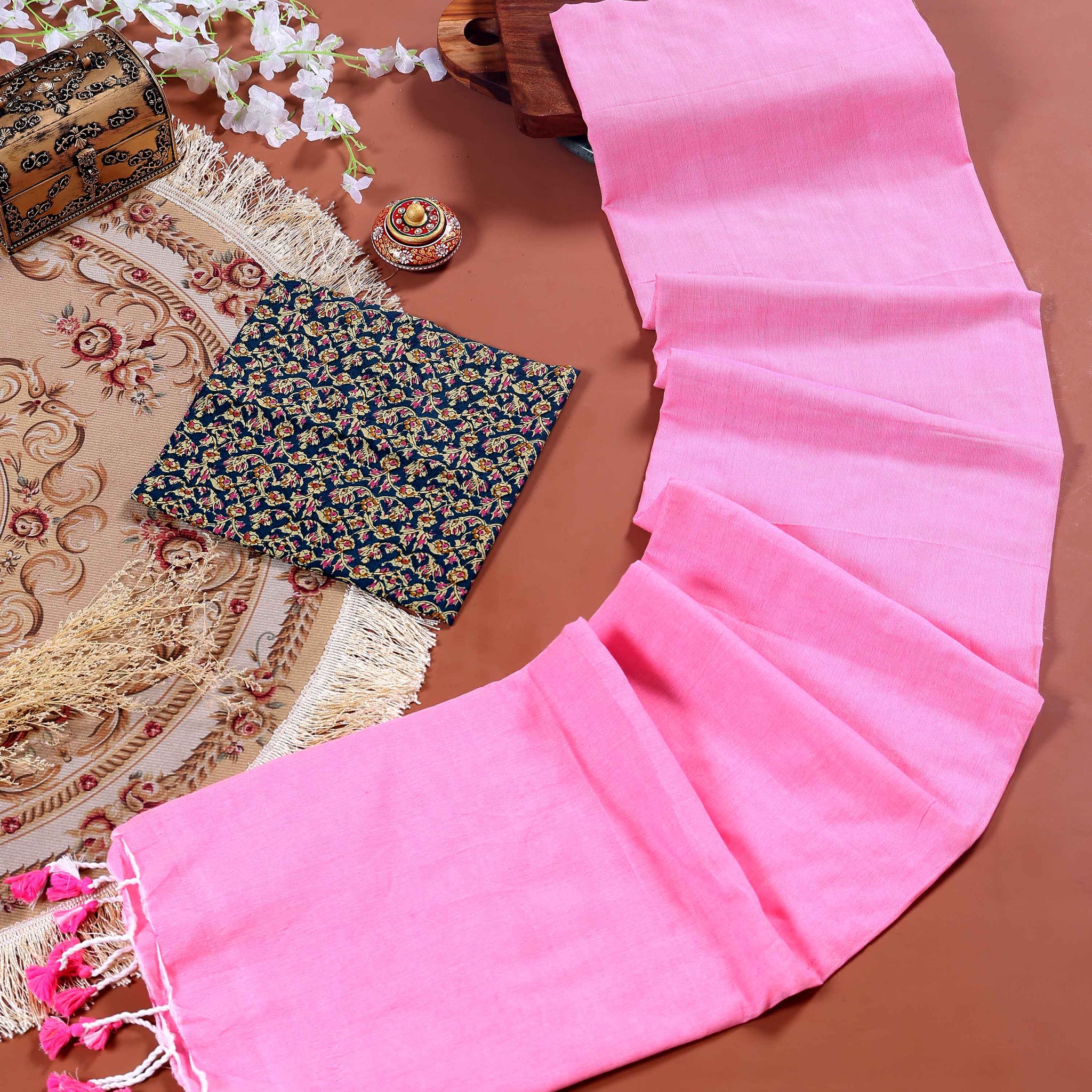 Handloom Khadi Cotton Saree with Contrast Printed Blouse and Tassel Accents - Pink-six