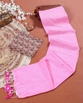 Handloom Khadi Cotton Saree with Contrast Printed Blouse and Tassel Accents - Pink