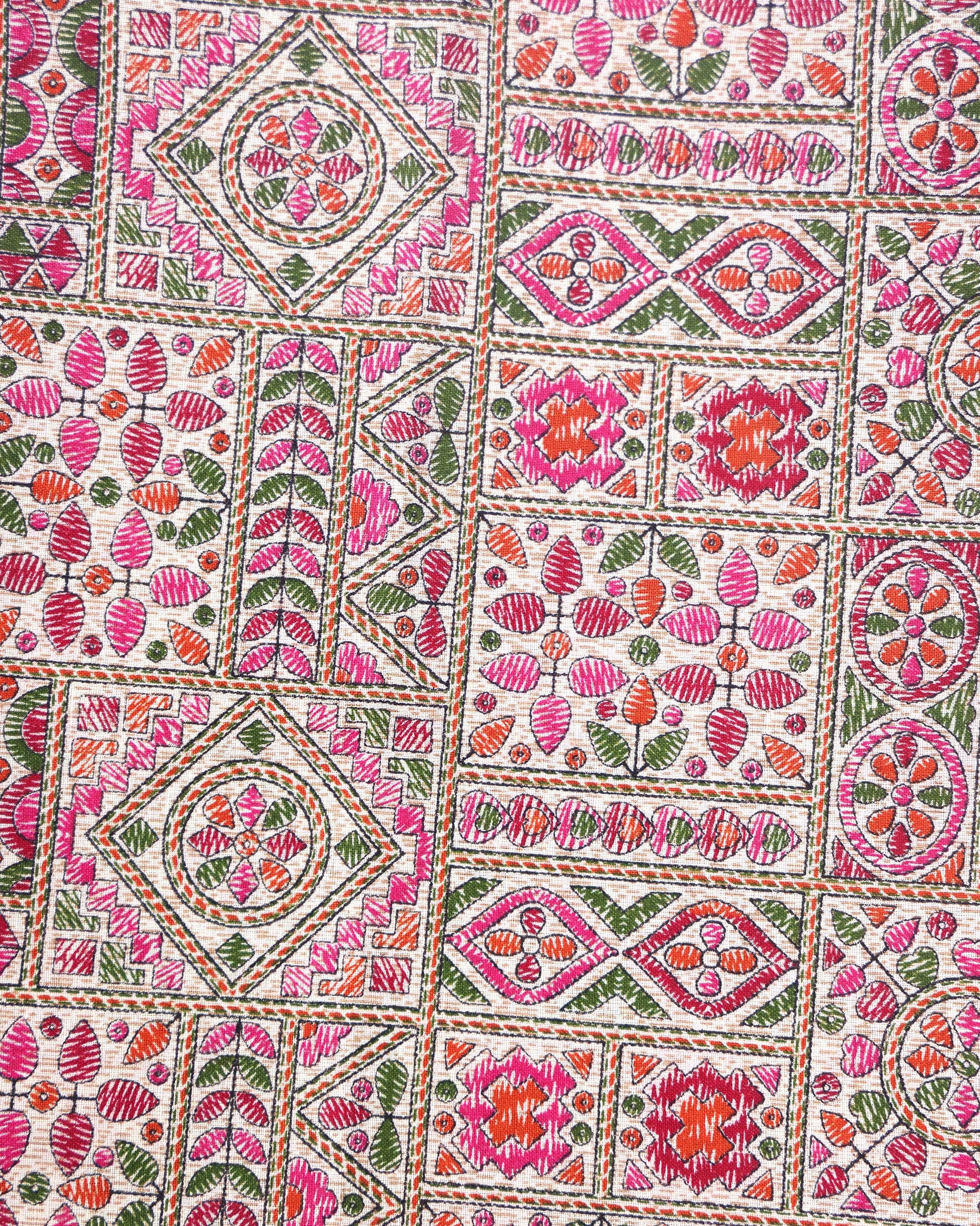 Handloom Khadi Cotton Saree with Contrast Printed Blouse and Tassel Accents - Pink-one