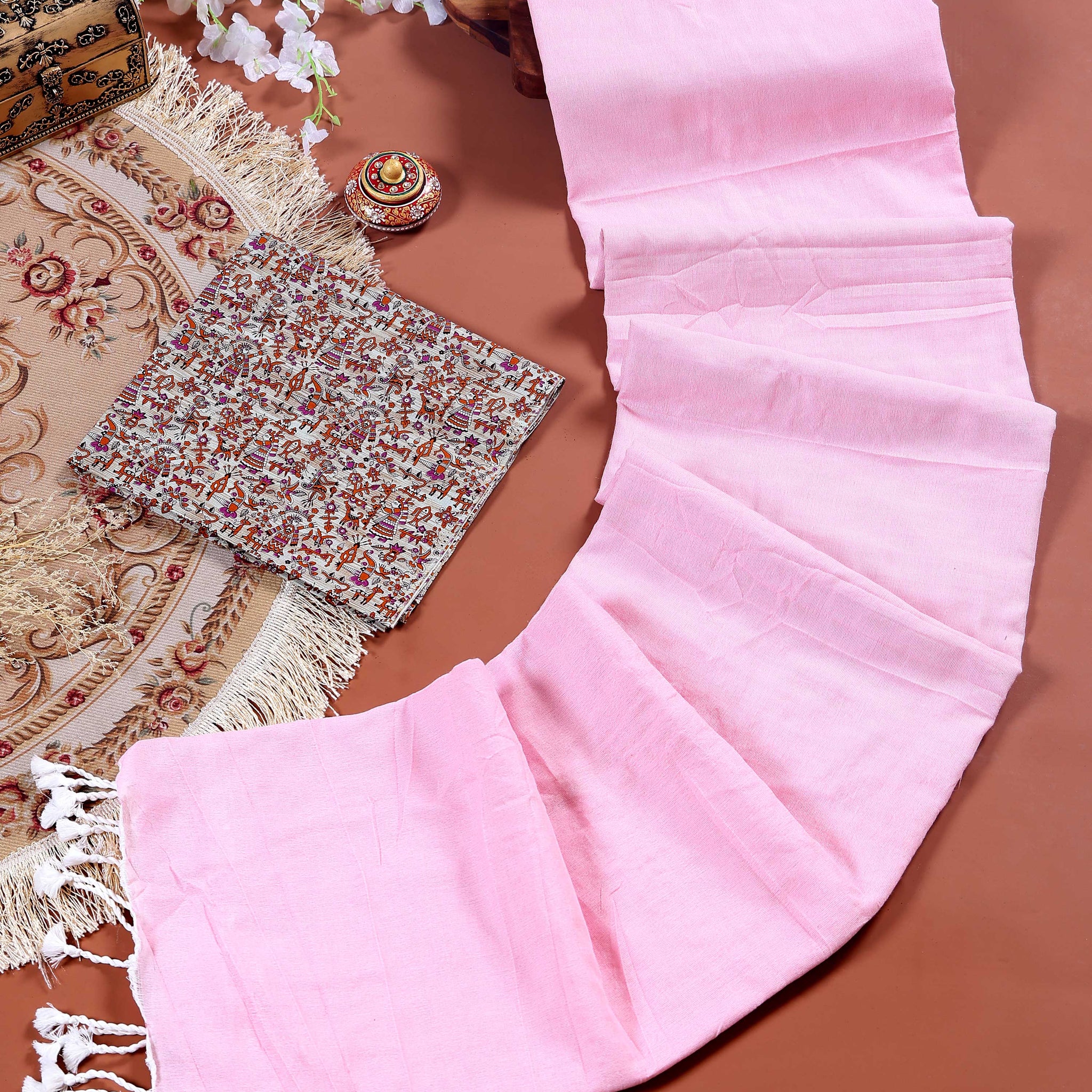 Handloom Khadi Cotton Saree with Contrast Printed Blouse and Tassel Accents - Pink