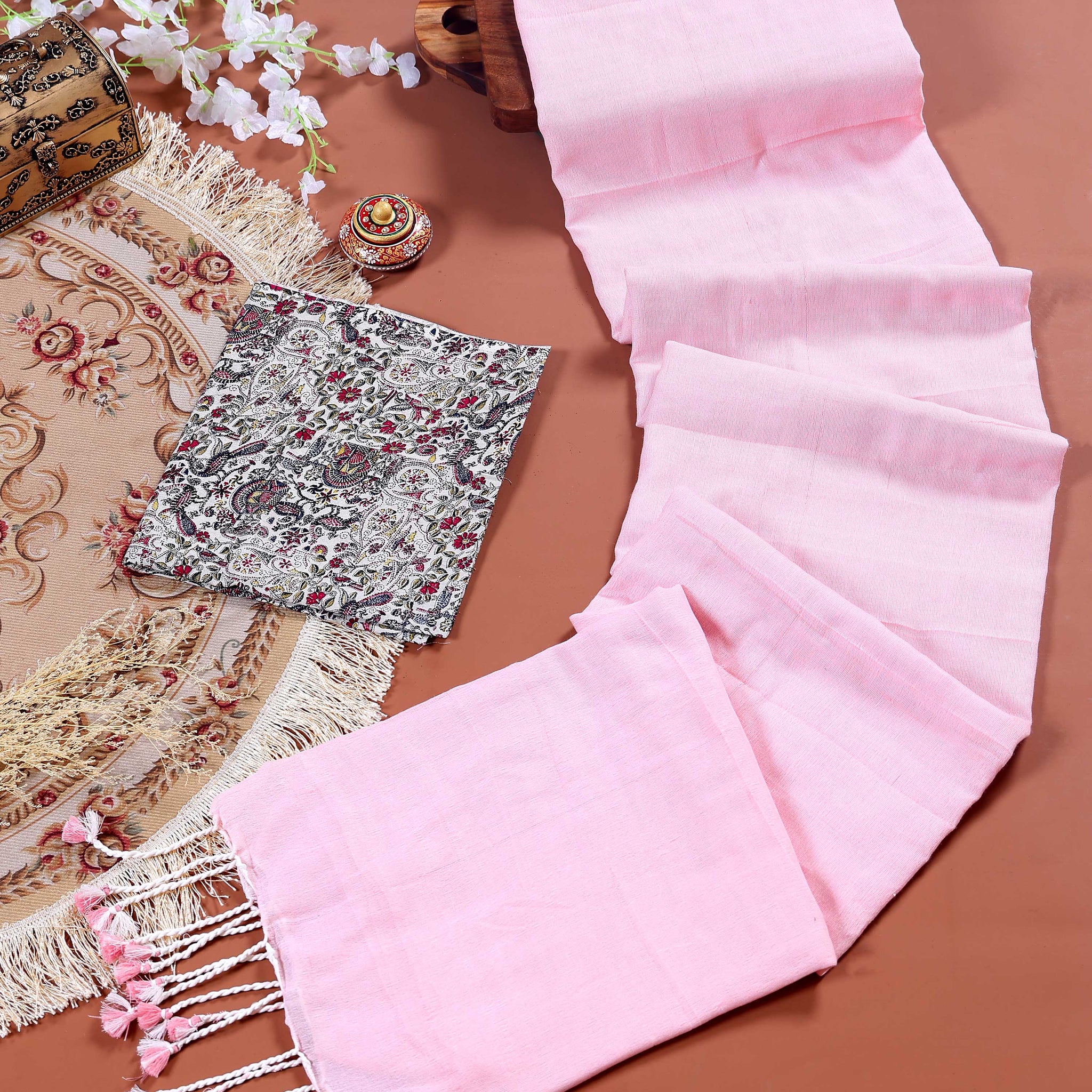 Handloom Khadi Cotton Saree with Contrast Printed Blouse and Tassel Accents - Pink