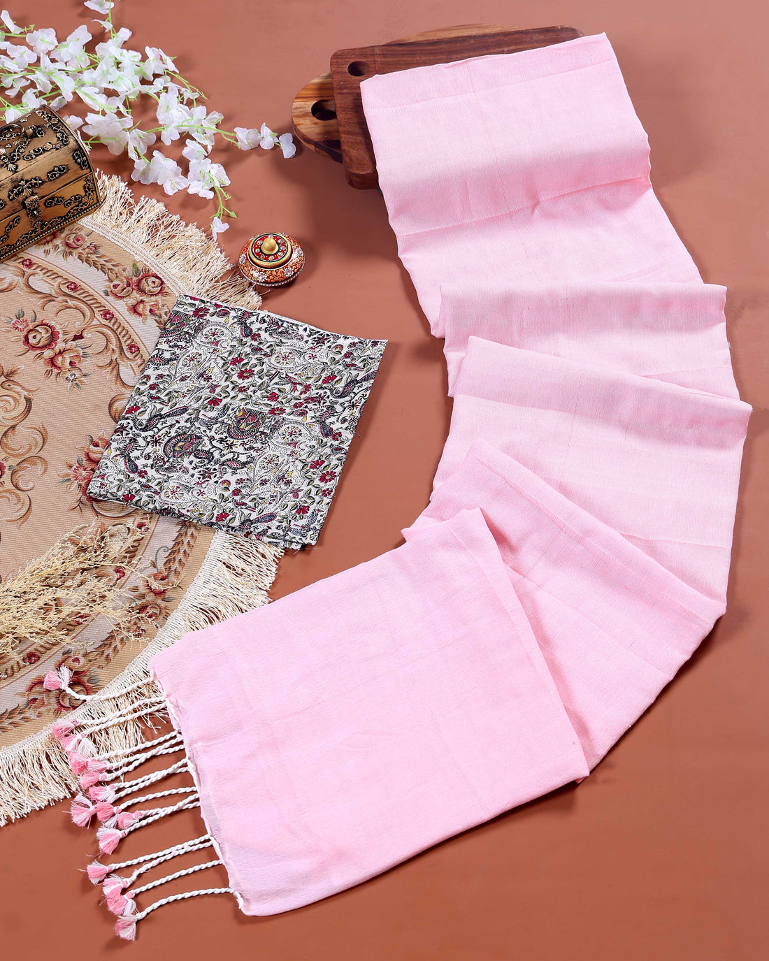 Handloom Khadi Cotton Saree with Contrast Printed Blouse and Tassel Accents - Pink