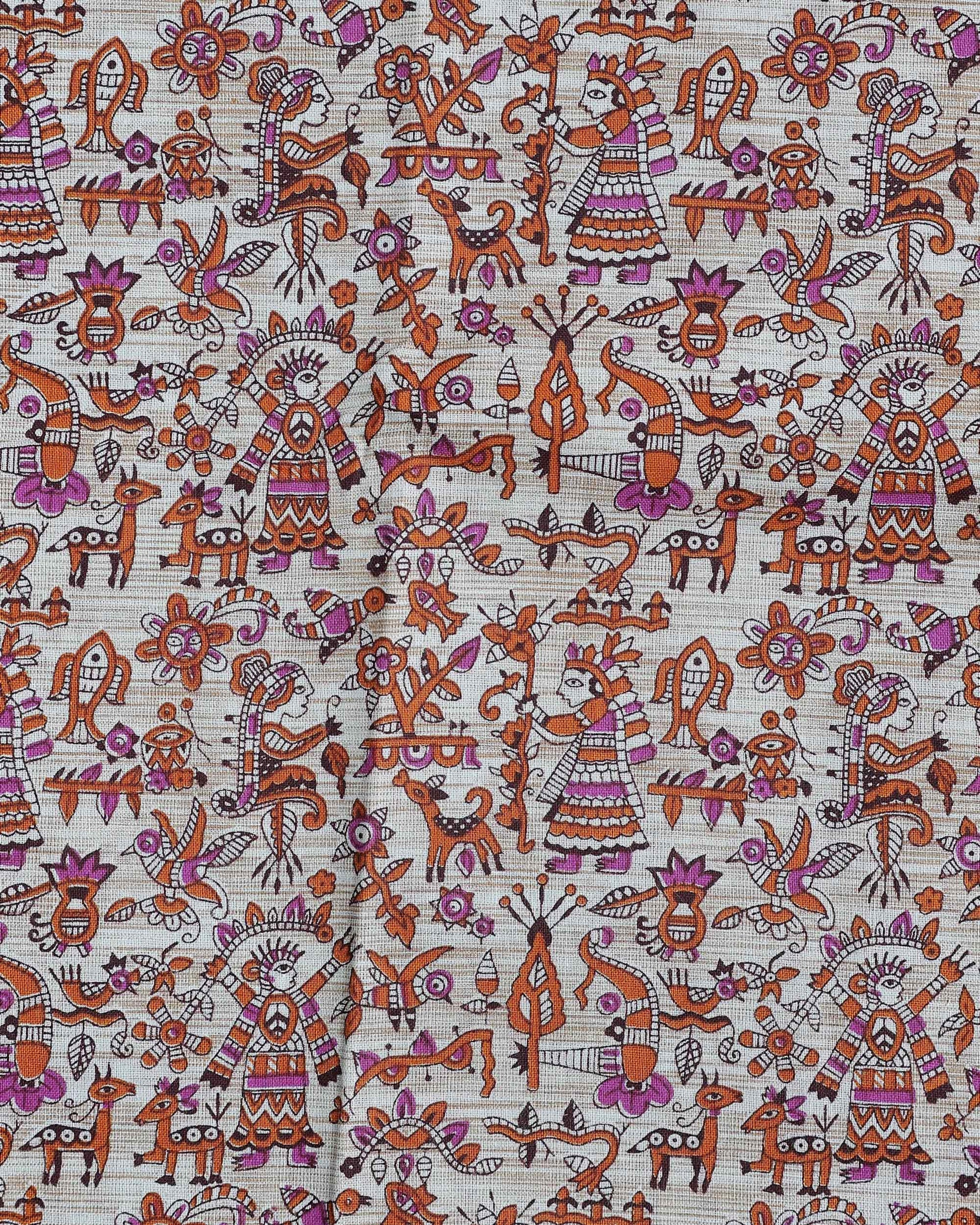 Handloom Khadi Cotton Saree with Contrast Printed Blouse and Tassel Accents - Purple
