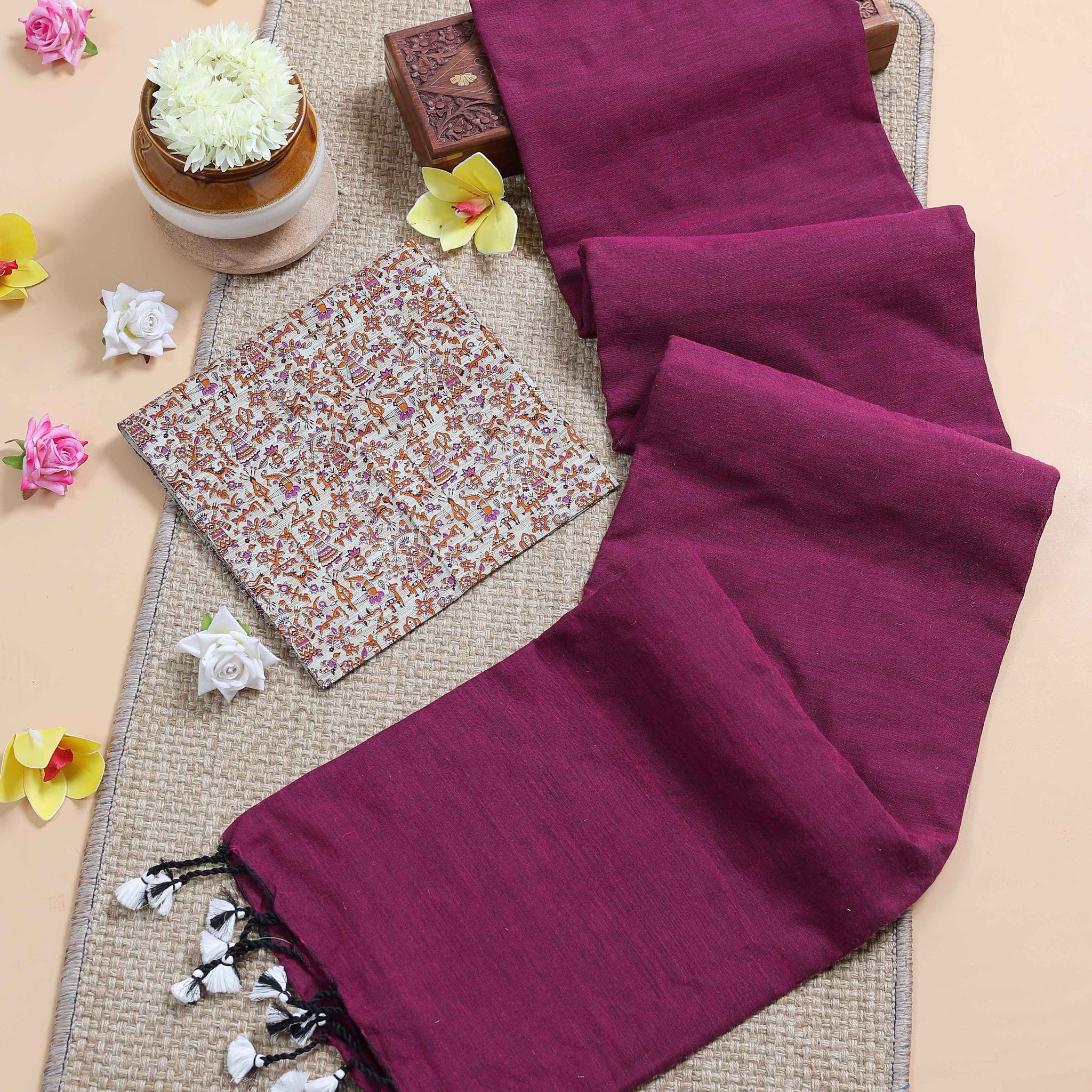 Handloom Khadi Cotton Saree with Contrast Printed Blouse and Tassel Accents - Purple