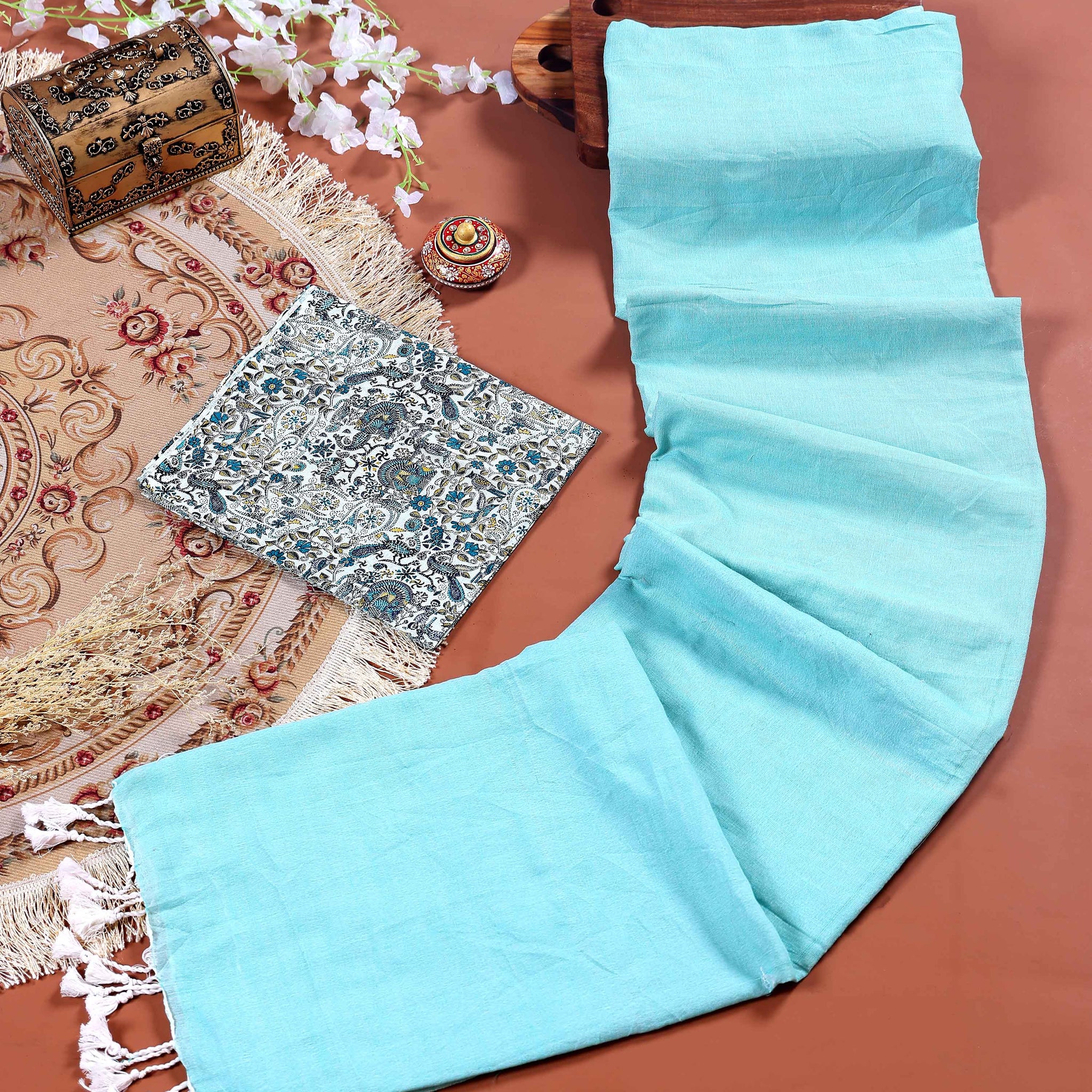 Handloom Khadi Cotton Saree with Contrast Printed Blouse and Tassel Accents - Sky Blue