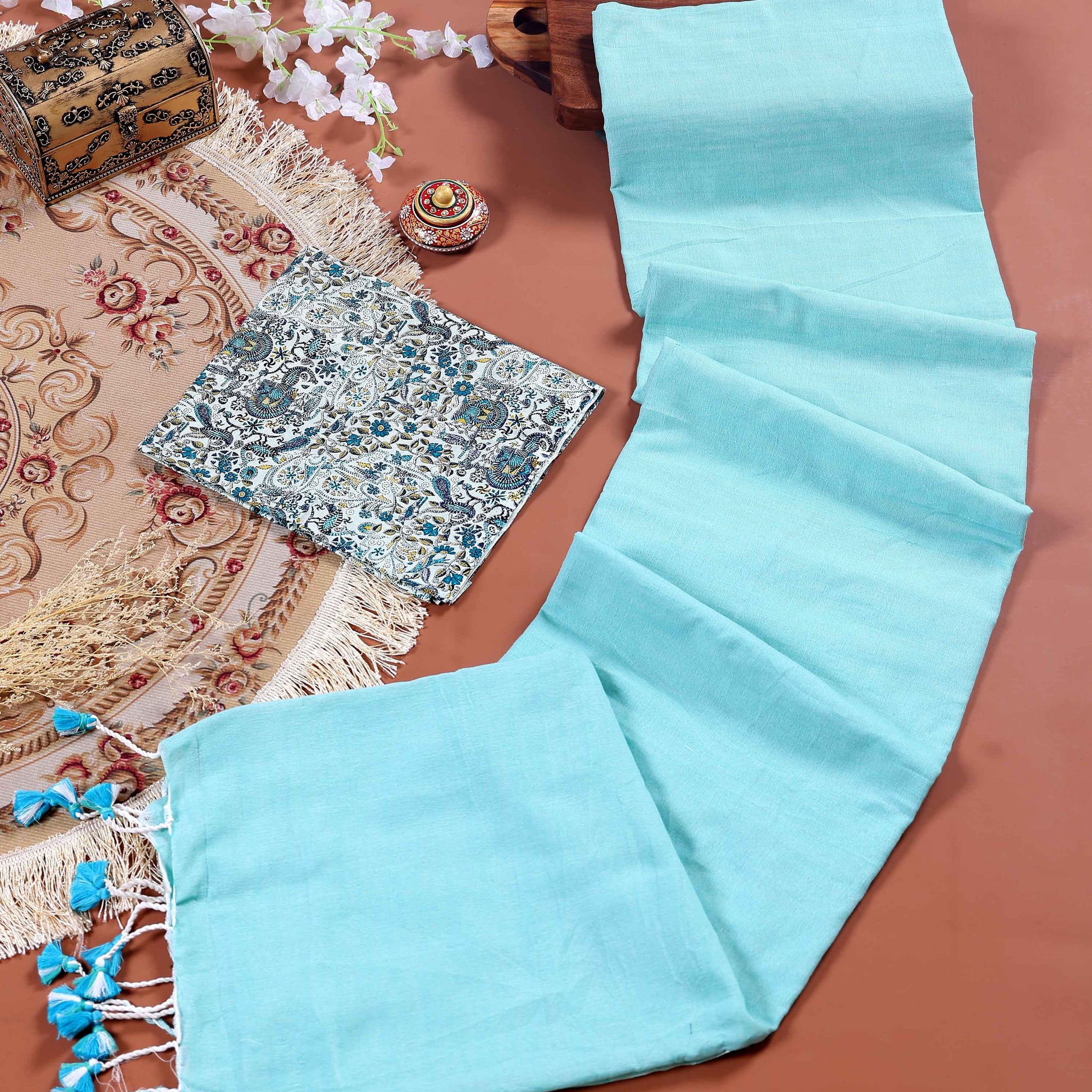Handloom Khadi Cotton Saree with Contrast Printed Blouse and Tassel Accents - Sky Blue