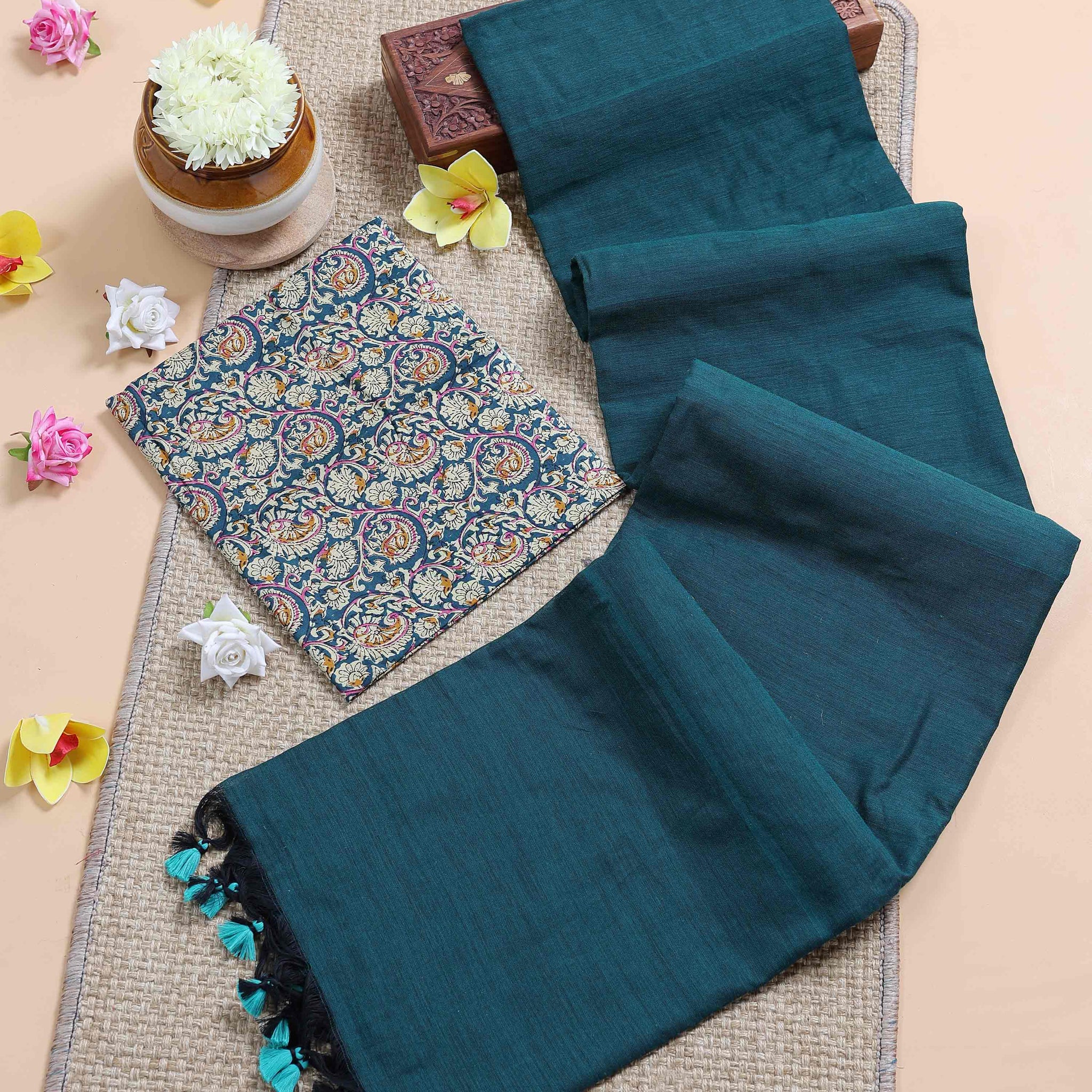 Handloom Khadi Cotton Saree with Contrast Printed Blouse and Tassel Accents - Teal