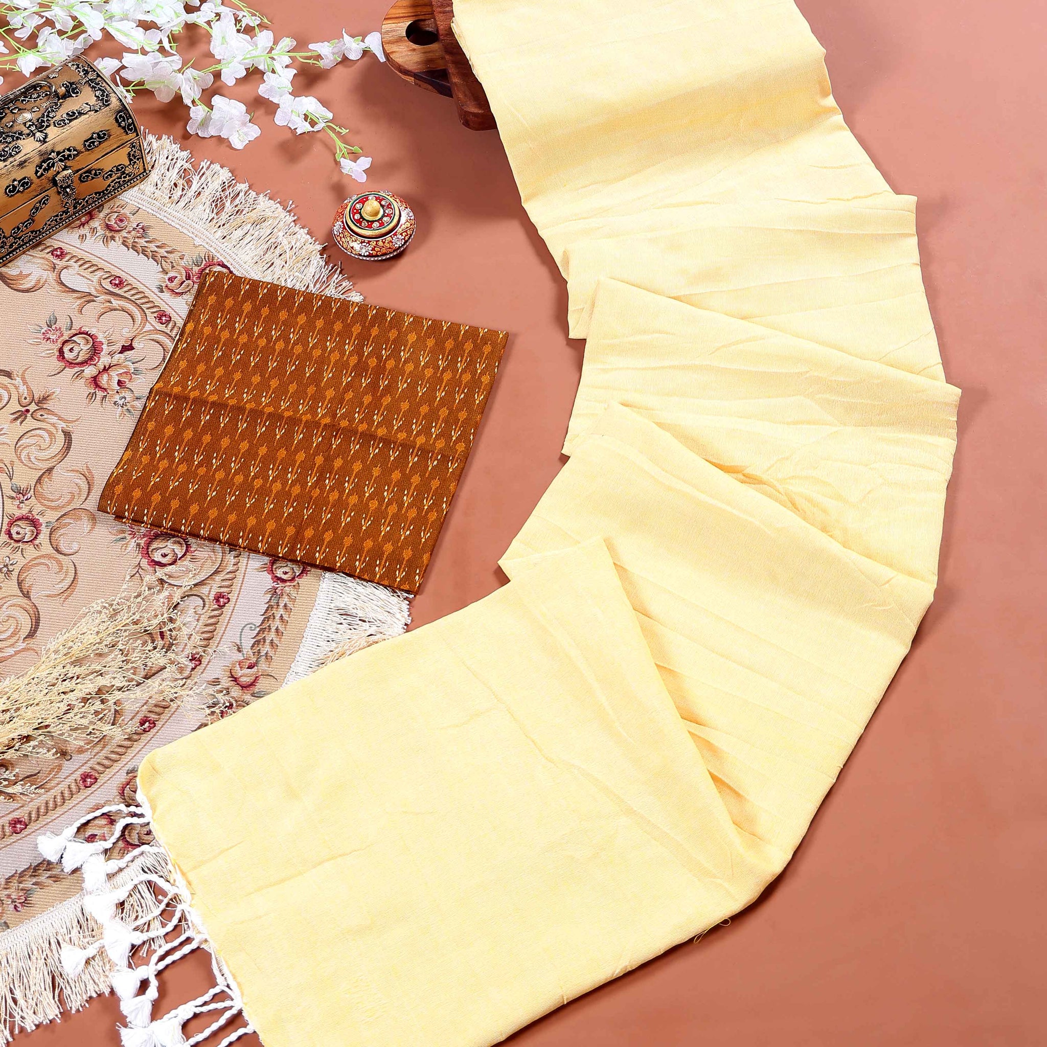 Handloom Khadi Cotton Saree with Contrast Printed Blouse and Tassel Accents - Yellow