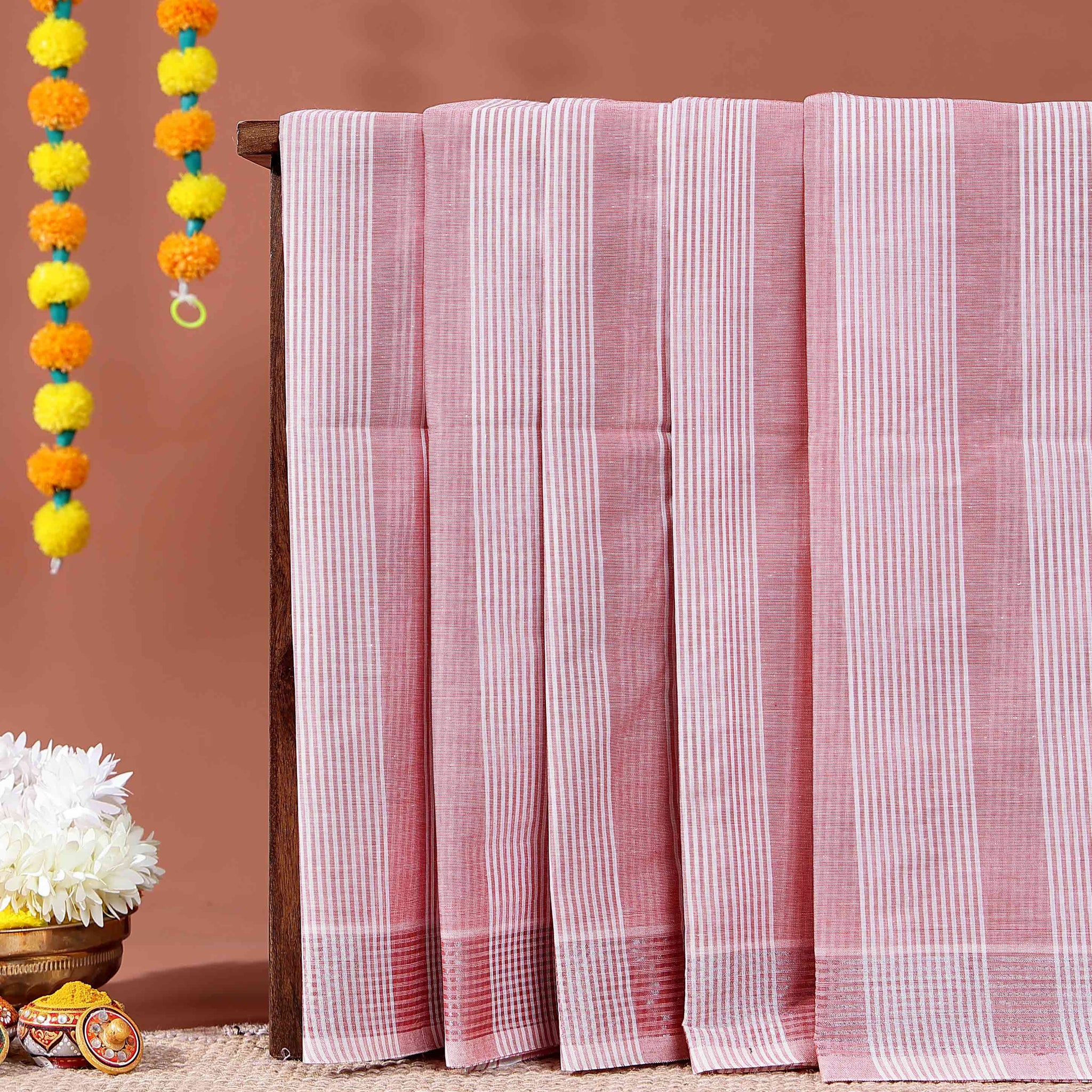 Handloom Kovai Cotton Saree with Striped Body and Woven Border - Pink