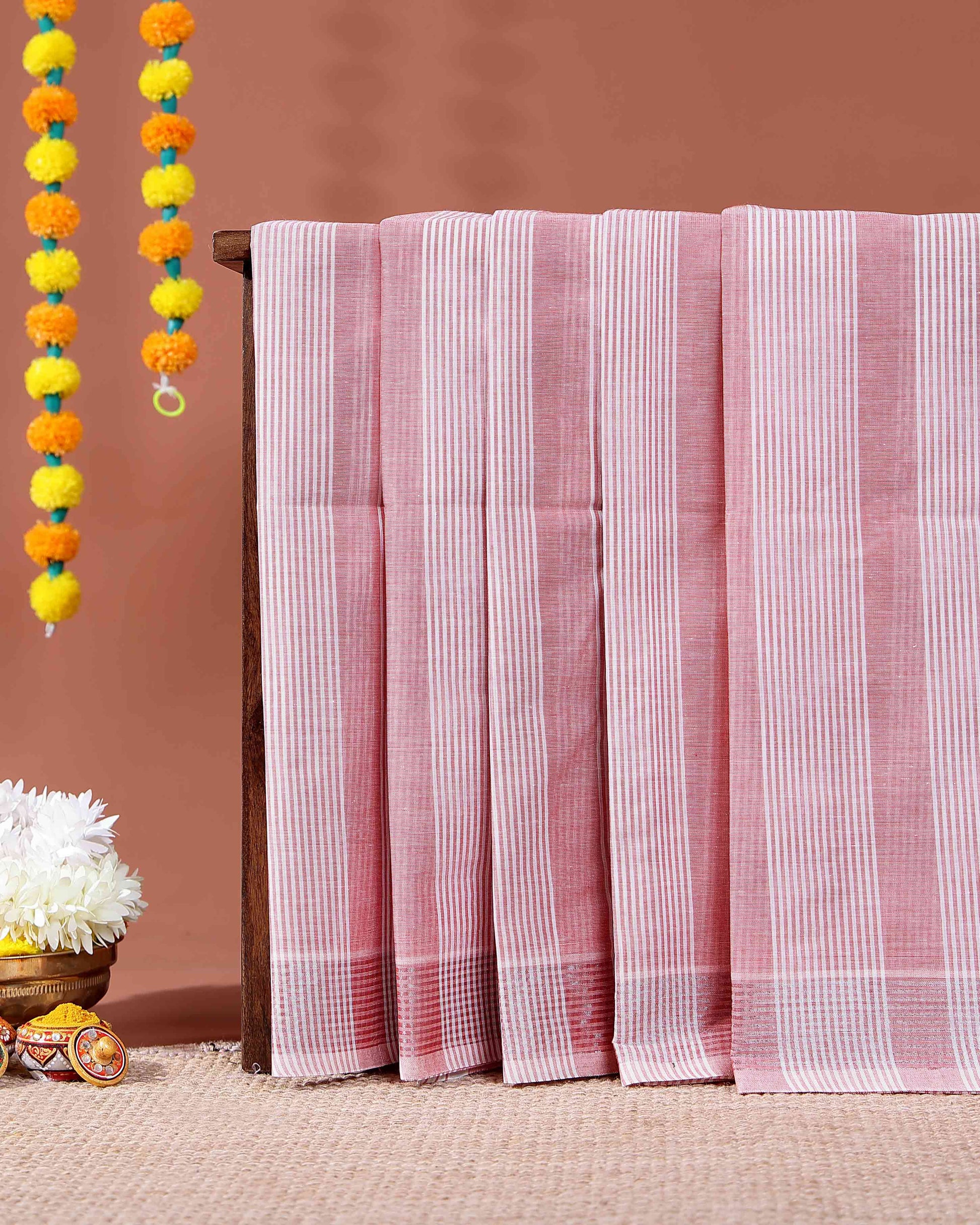 Handloom Kovai Cotton Saree with Striped Body and Woven Border - Pink