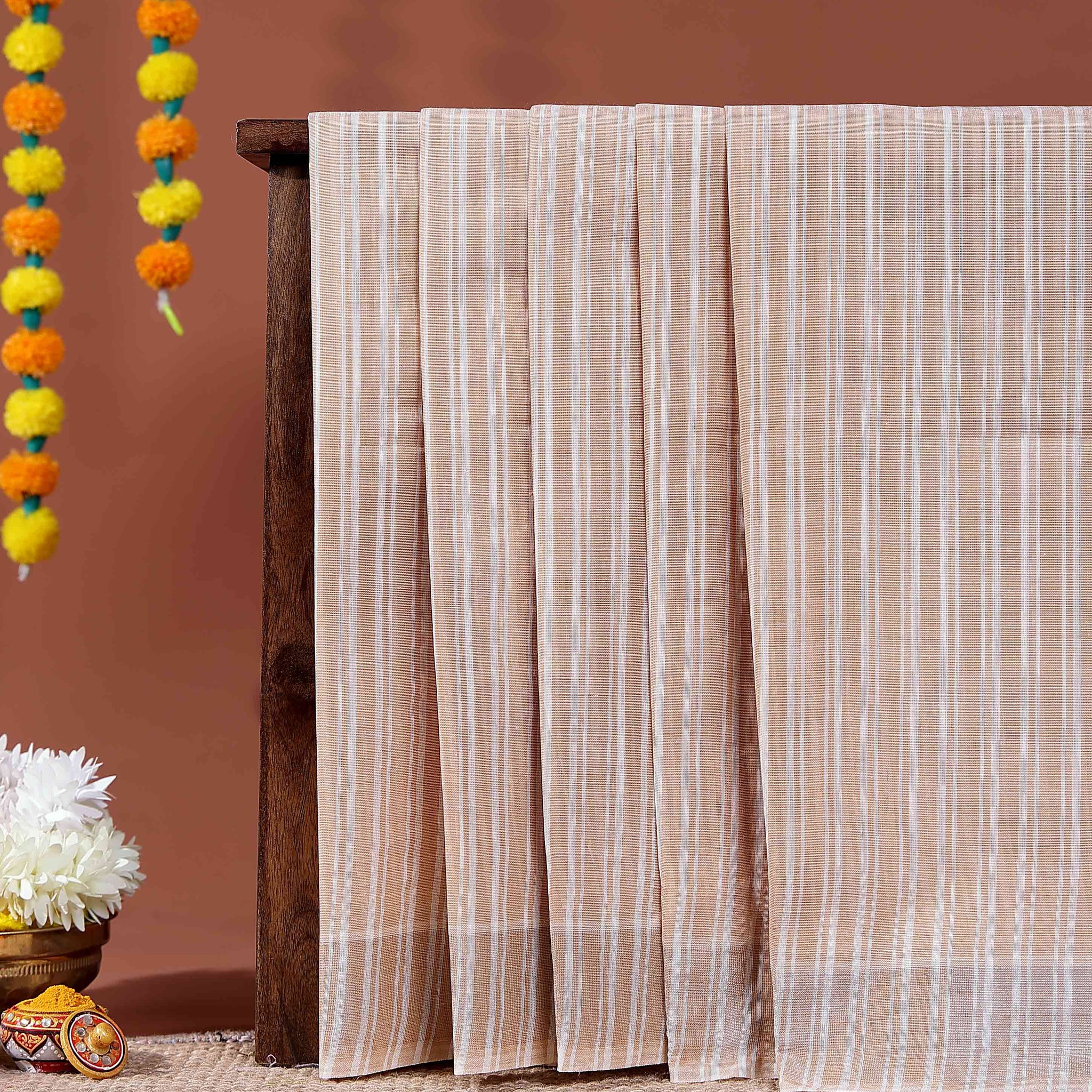 Handloom Kovai Cotton Saree with Subtle Striped Pattern - Brown
