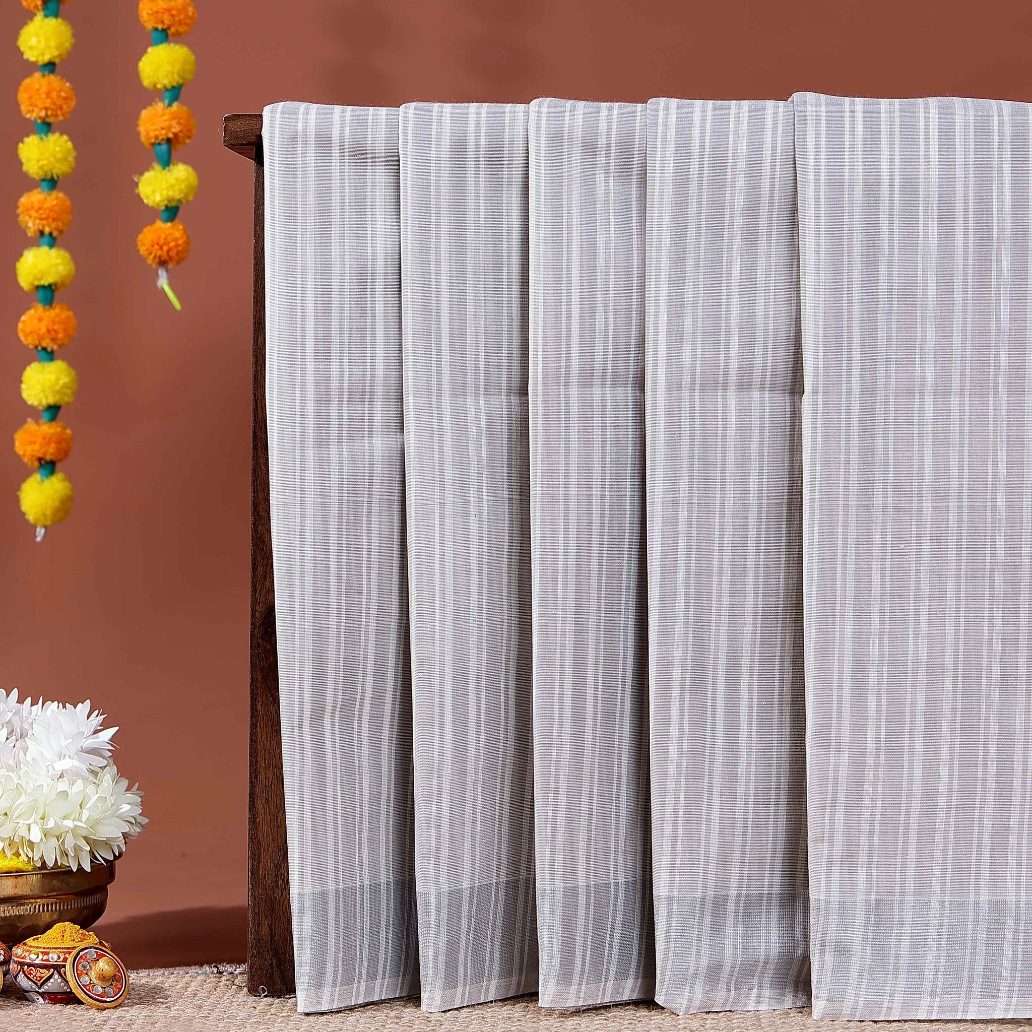 Handloom Kovai Cotton Saree with Subtle Striped Pattern - Light Grey