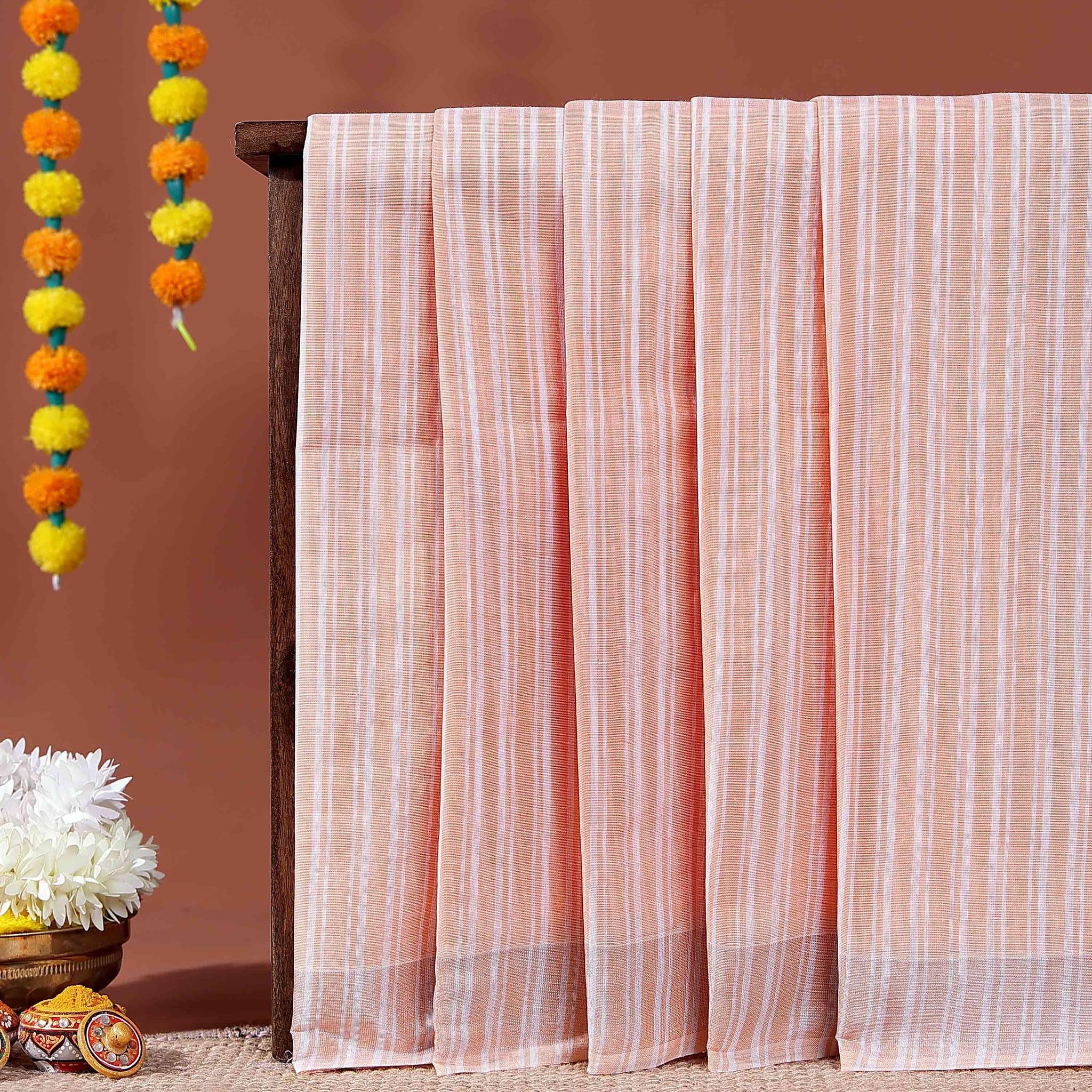 Handloom Kovai Cotton Saree with Subtle Striped Pattern - Peach