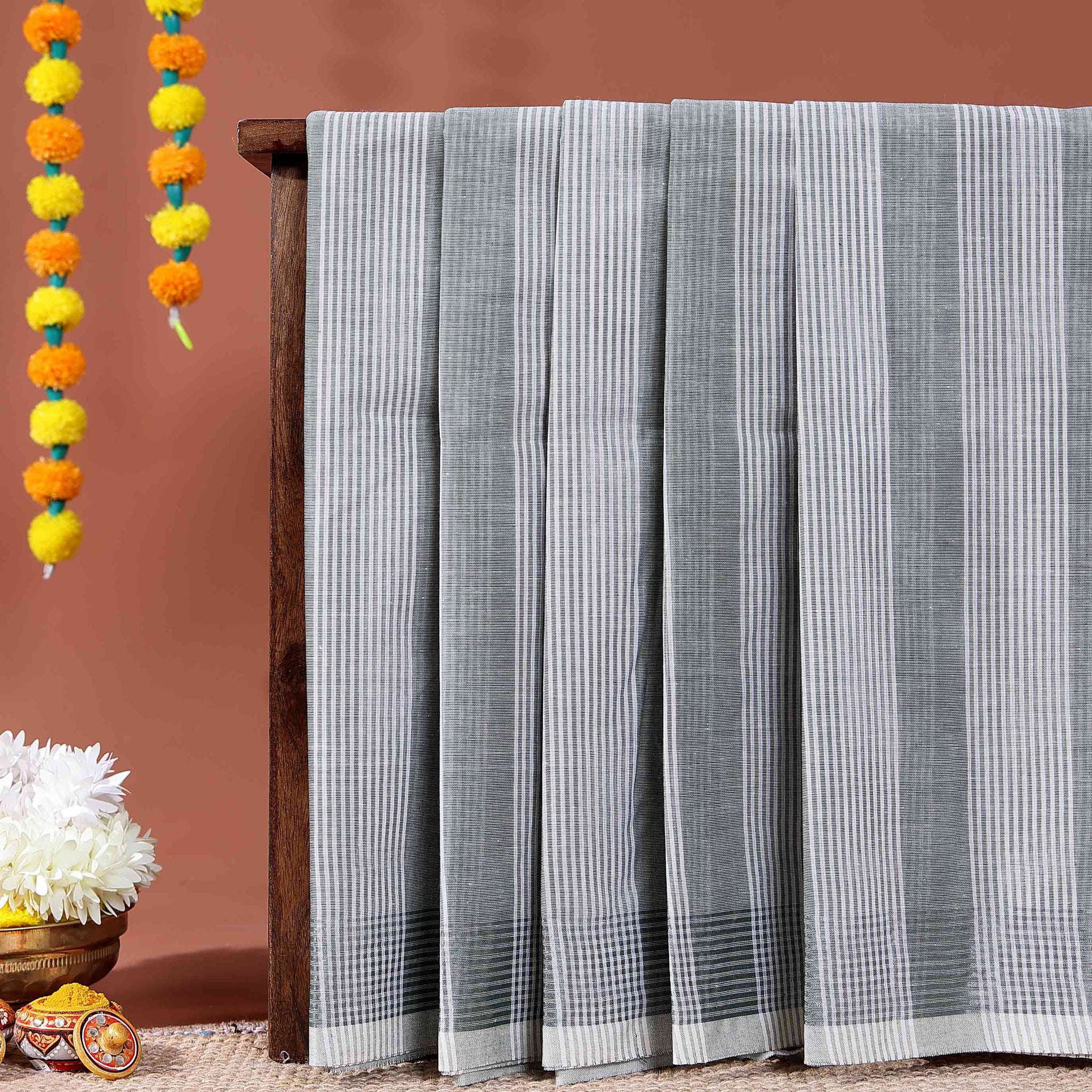 Handloom Kovai Cotton Saree with Subtle Striped Weave and Contrast Border - Grey