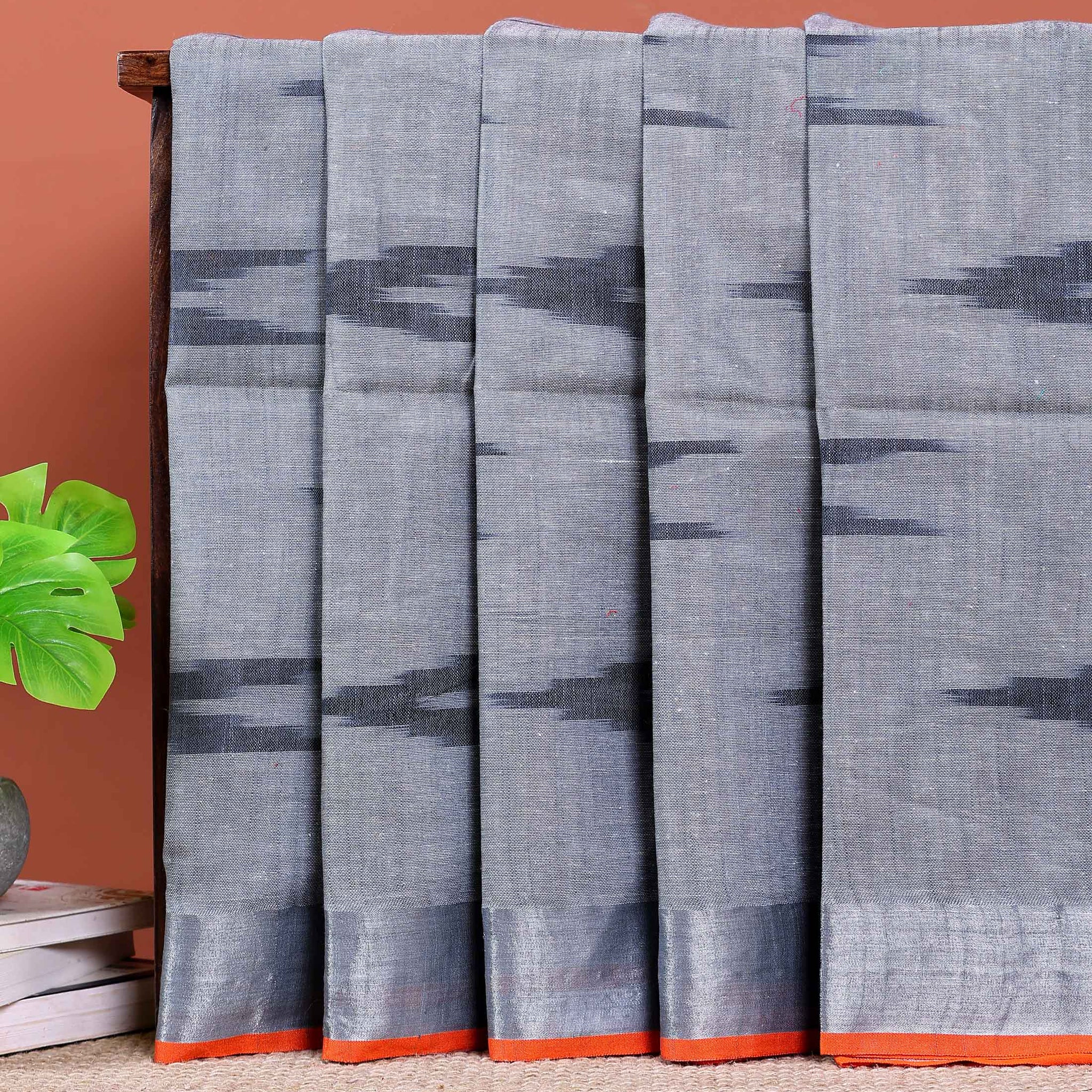 Handloom Linen Cotton Saree with Ikat Inspired Weave and Zari Border - Grey