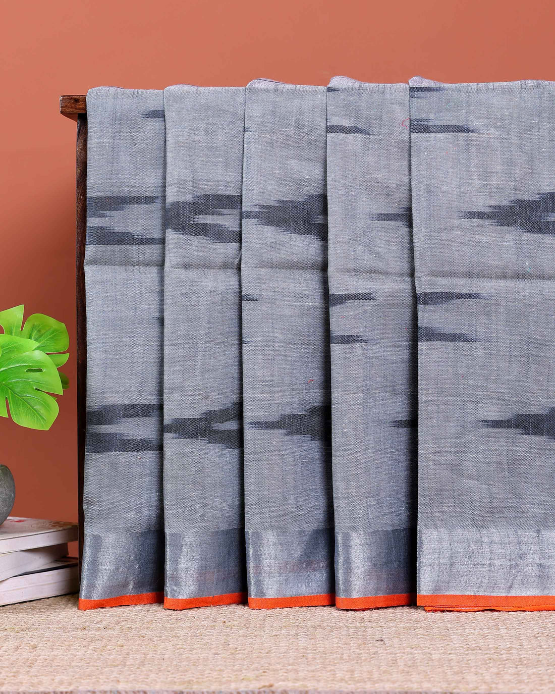 Handloom Linen Cotton Saree with Ikat Inspired Weave and Zari Border - Grey
