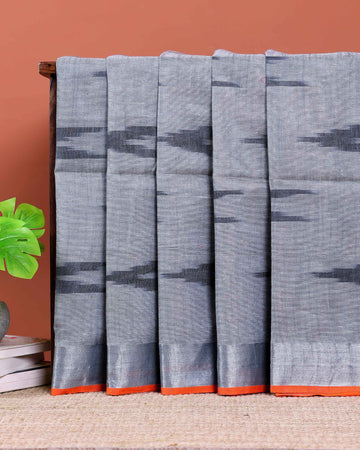 Handloom Linen Cotton Saree with Ikat Inspired Weave and Zari Border - Grey