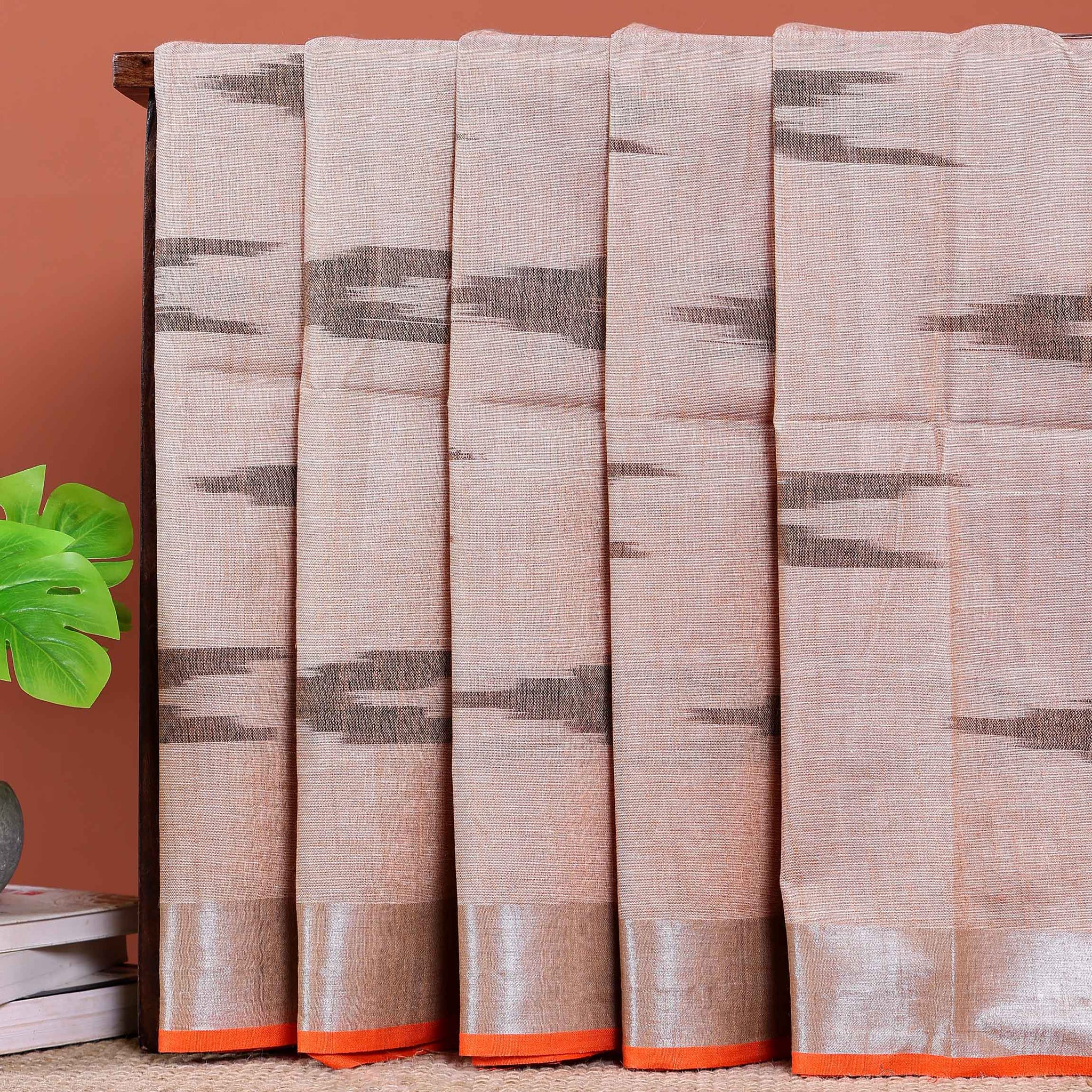 Handloom Linen Cotton Saree with Ikkat Inspired Pattern - Brown