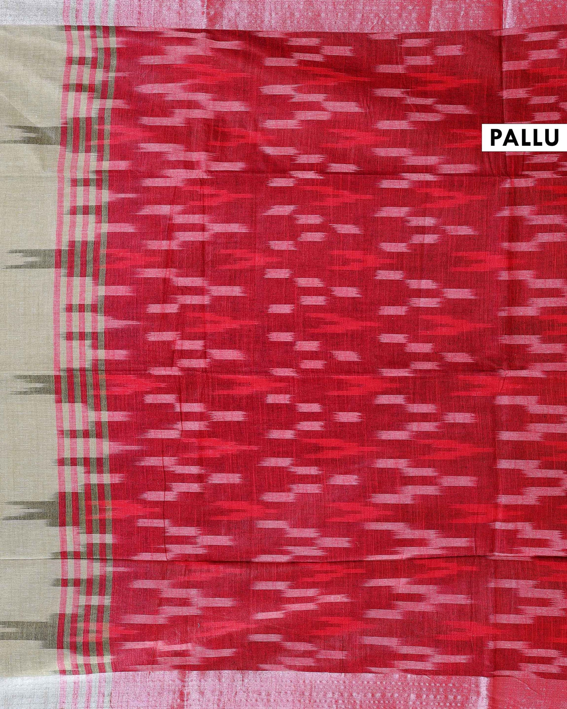 Handloom Linen Cotton Saree with Ikkat Inspired Pattern - Green-Pallu