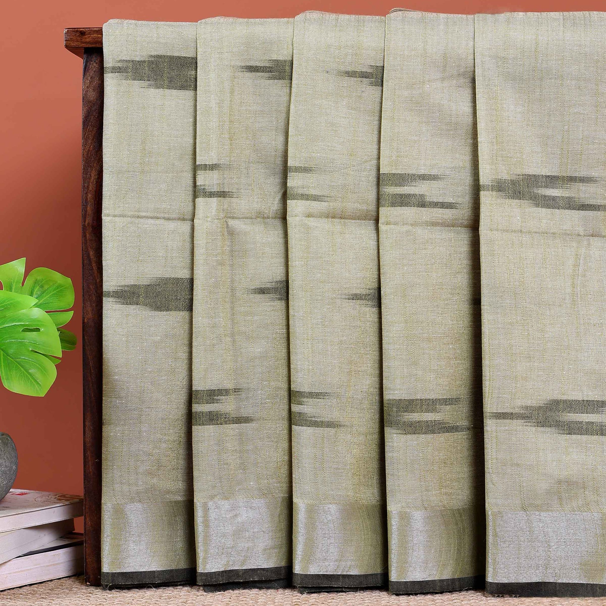 Handloom Linen Cotton Saree with Ikkat Inspired Pattern - Green