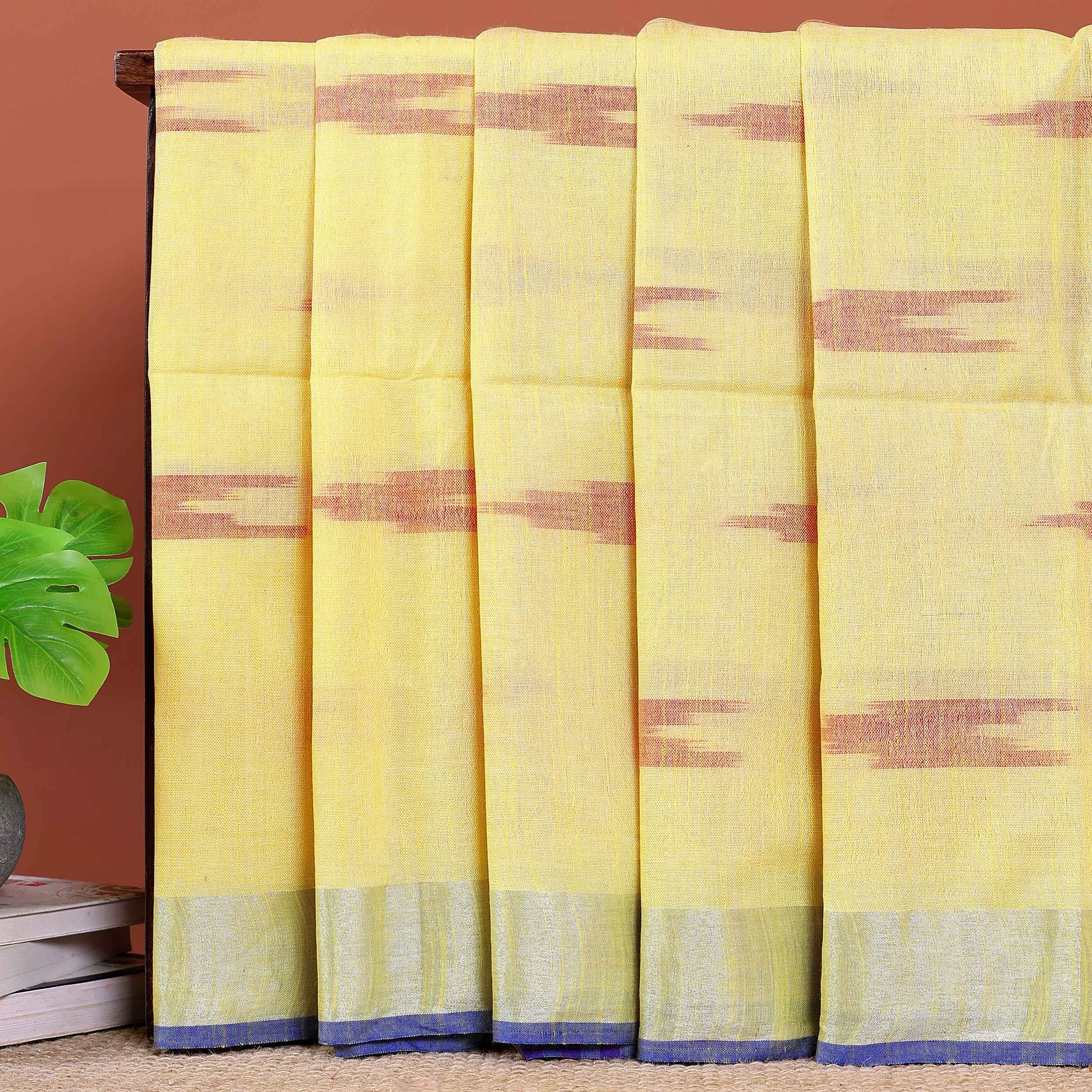 Handloom Linen Cotton Saree with Ikkat Inspired Pattern - Yellow