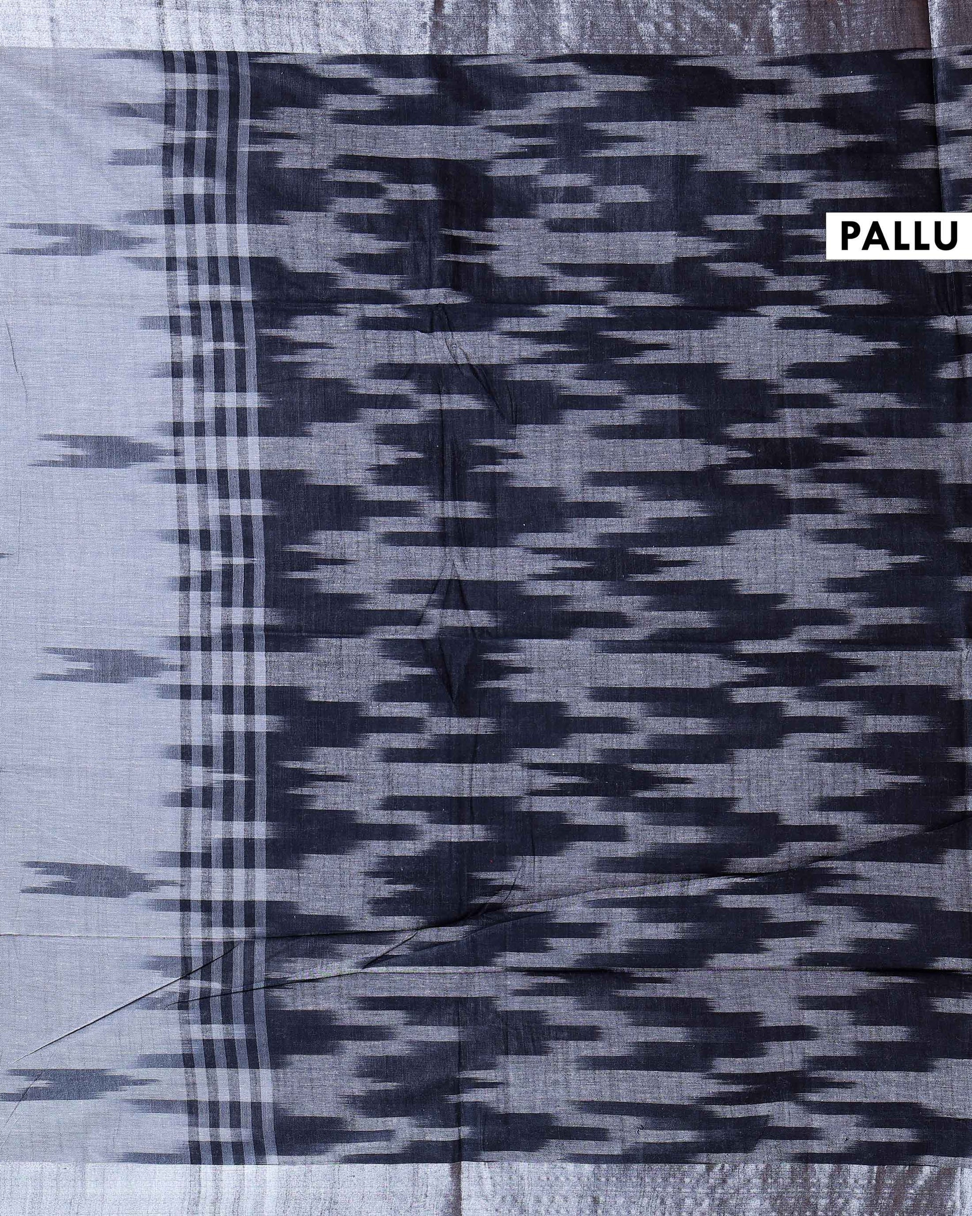 Handloom Linen Cotton Saree with Traditional Ikkat-Inspired Design - Dark Grey-Pallu