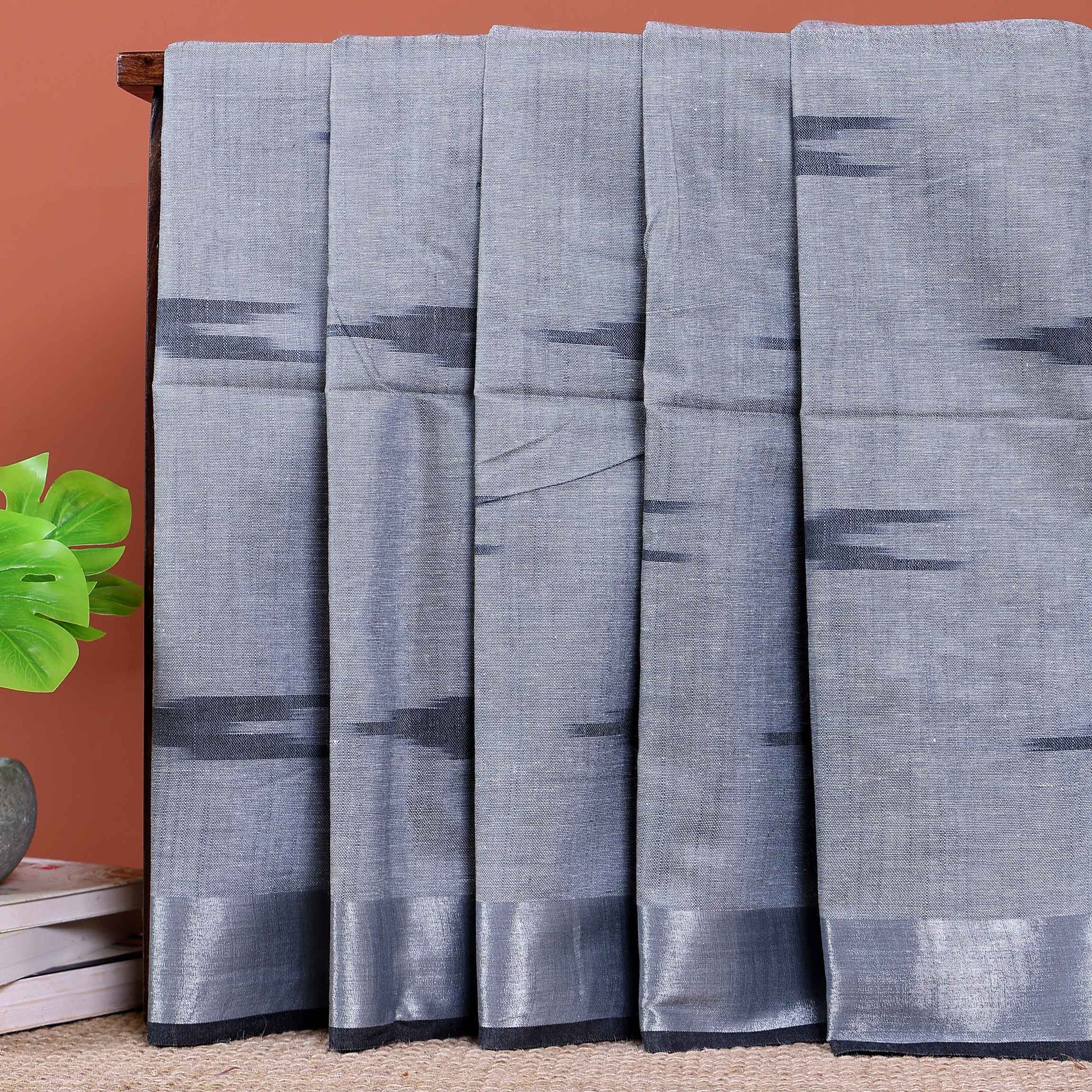 Handloom Linen Cotton Saree with Traditional Ikkat-Inspired Design - Dark Grey