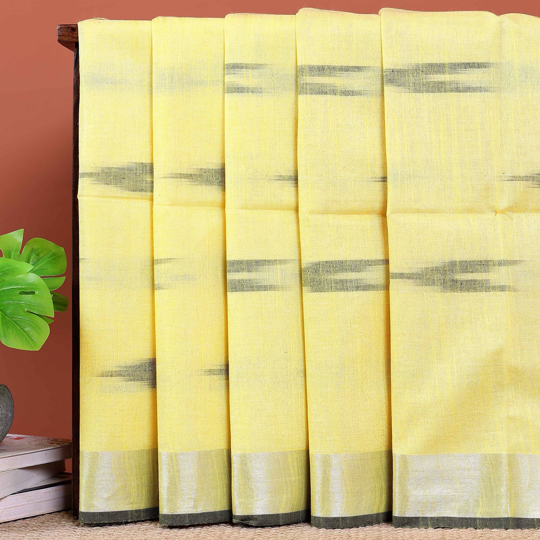 Handloom Linen Cotton Saree with Traditional Ikkat-Inspired Design - Yellow