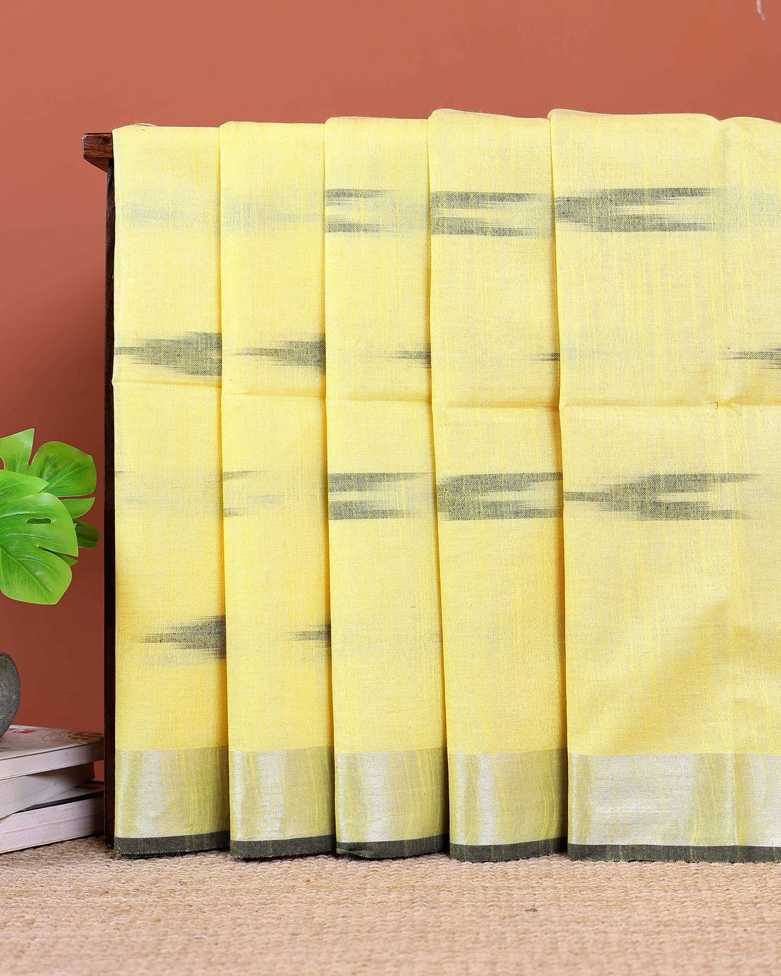 Handloom Linen Cotton Saree with Traditional Ikkat-Inspired Design - Yellow