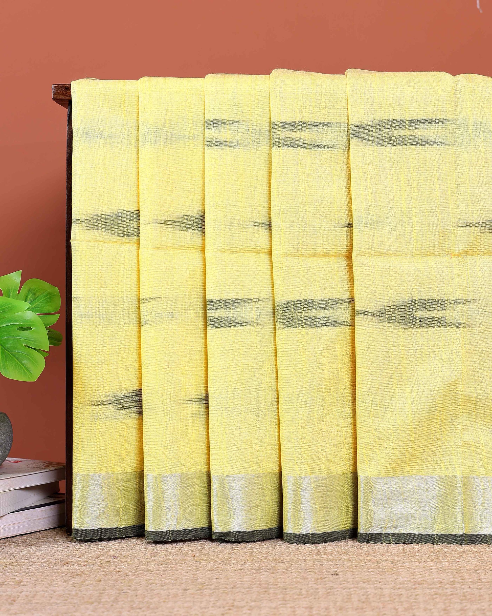 Handloom Linen Cotton Saree with Traditional Ikkat-Inspired Design - Yellow