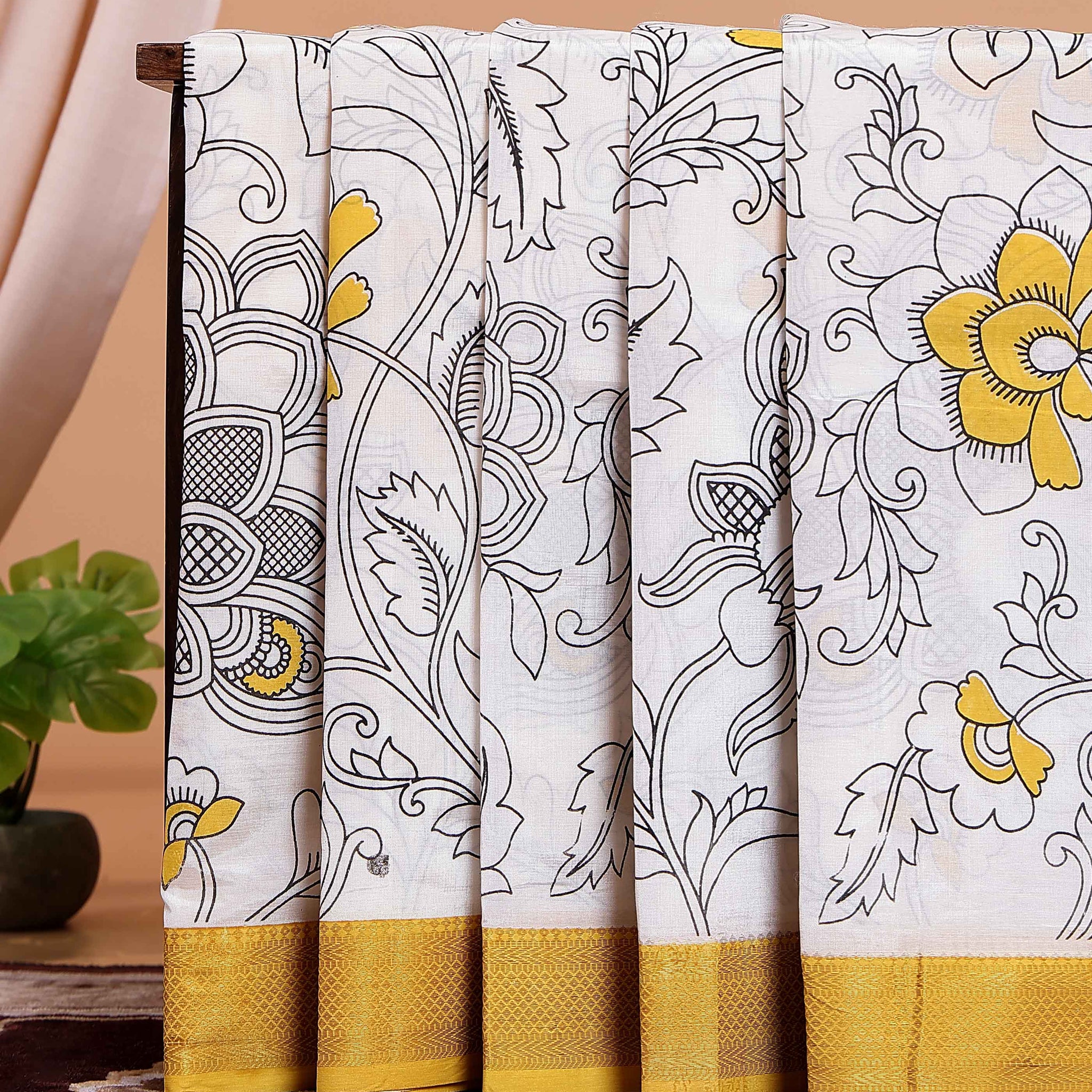 Handloom Mangalagiri Semi Chanderi Saree with Kalamkari-Inspired Floral Motifs and a Contrast Zari Border  - White 
