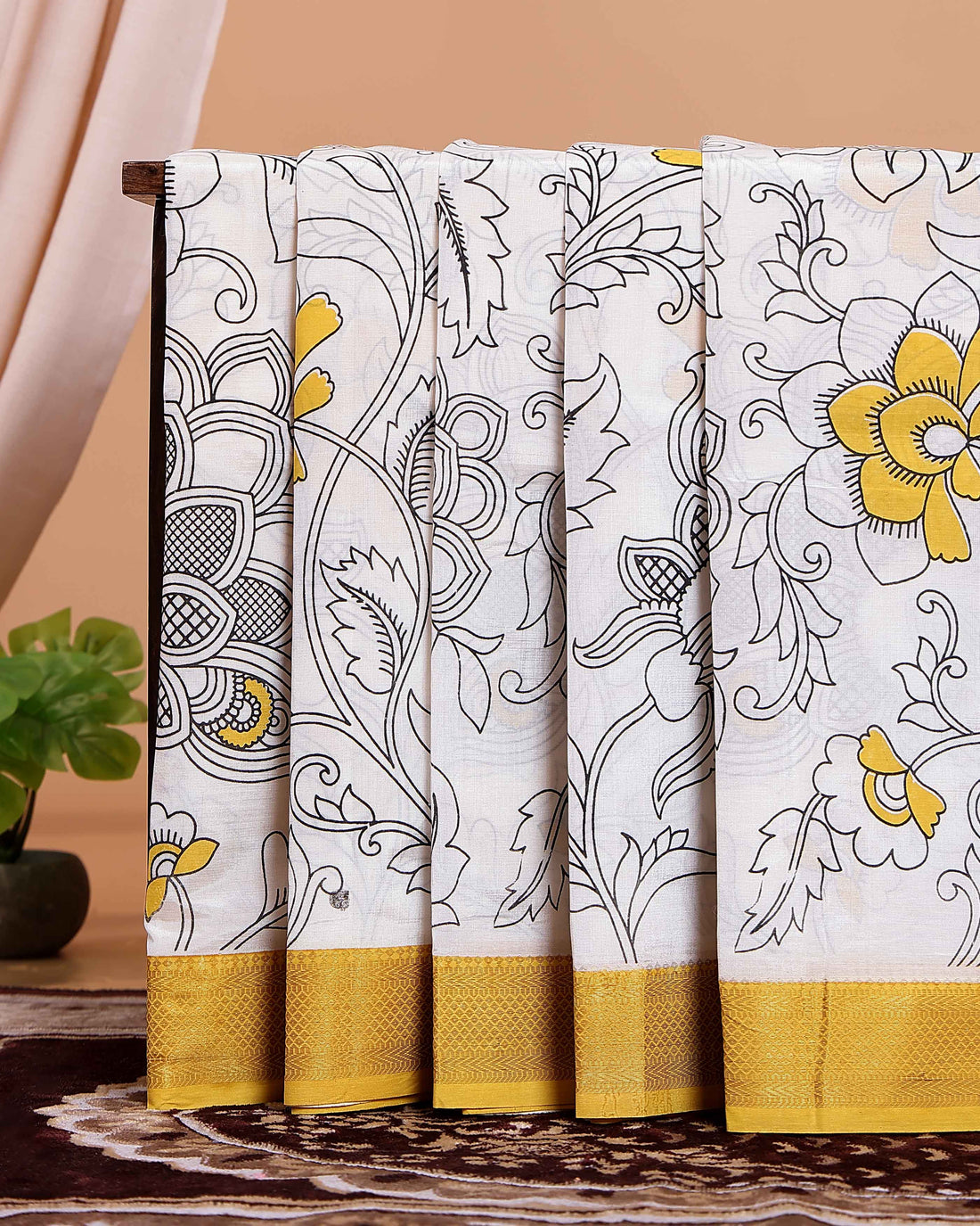 Handloom Mangalagiri Semi Chanderi Saree with Kalamkari-Inspired Floral Motifs and a Contrast Zari Border  - White 