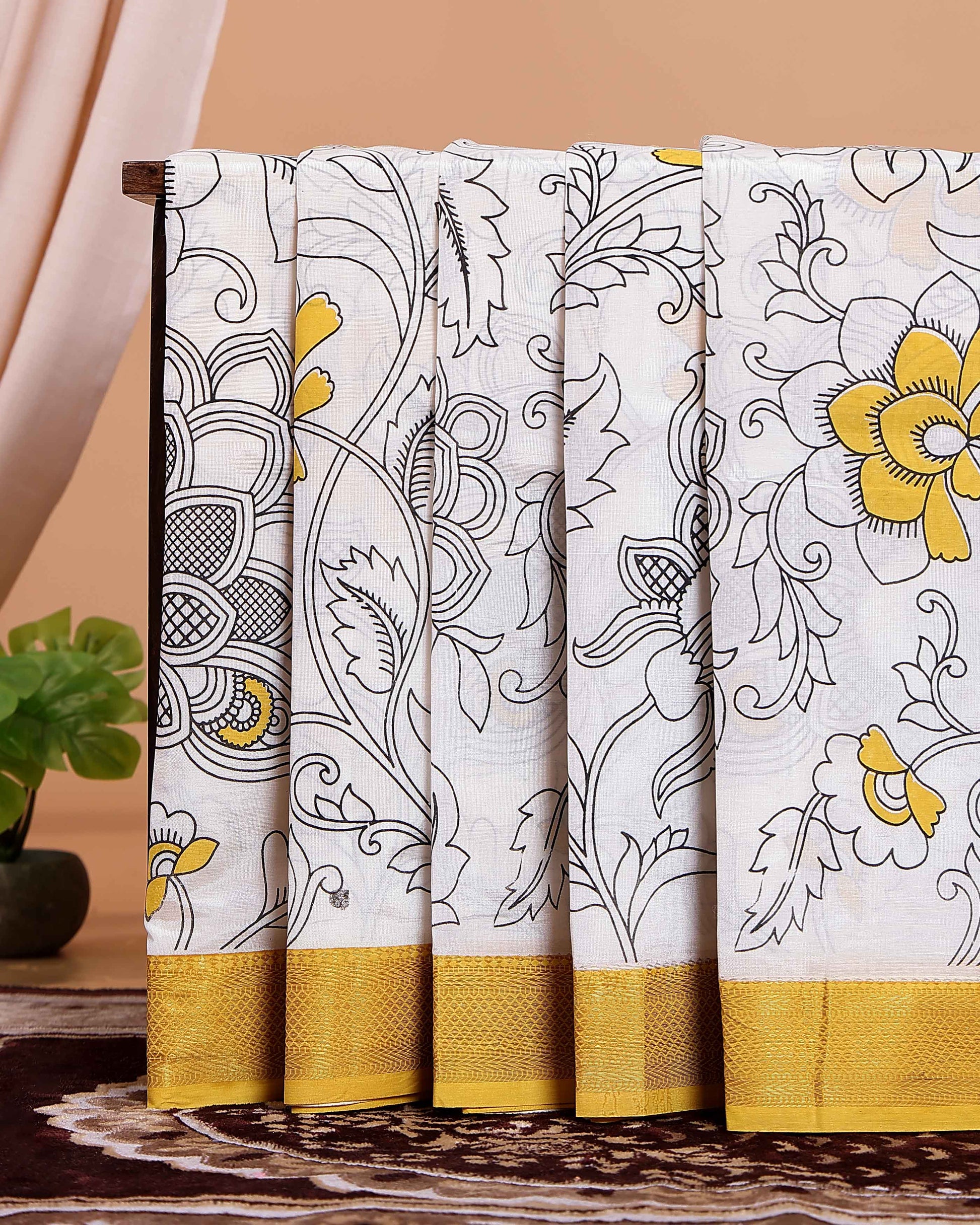 Handloom Mangalagiri Semi Chanderi Saree with Kalamkari-Inspired Floral Motifs and a Contrast Zari Border  - White 