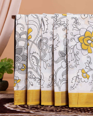 Handloom Mangalagiri Semi Chanderi Saree with Kalamkari-Inspired Floral Motifs and a Contrast Zari Border  - White 