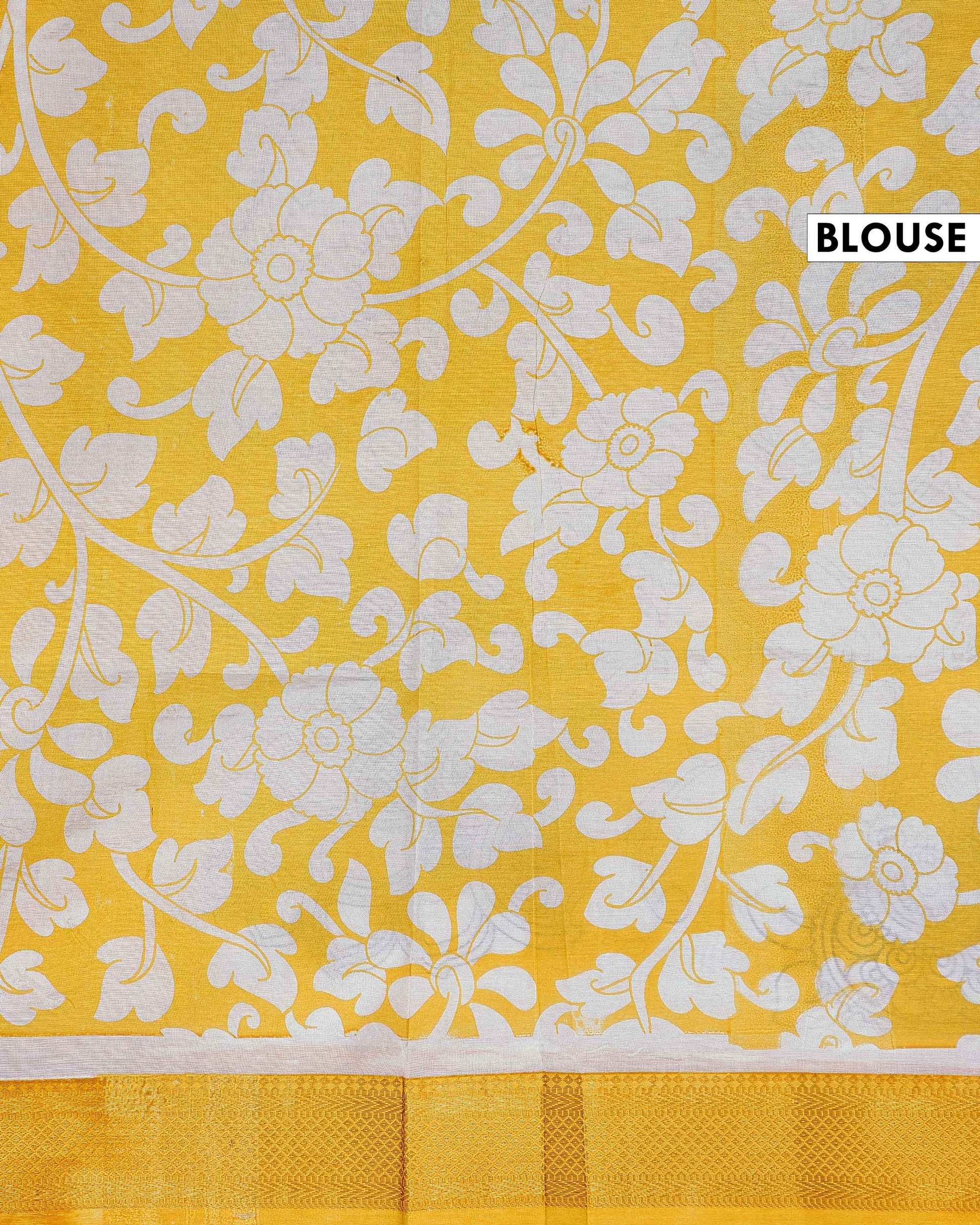 Handloom Mangalagiri Semi Chanderi Saree with Kalamkari-Inspired Floral Motifs and a Contrast Zari Border  - White 