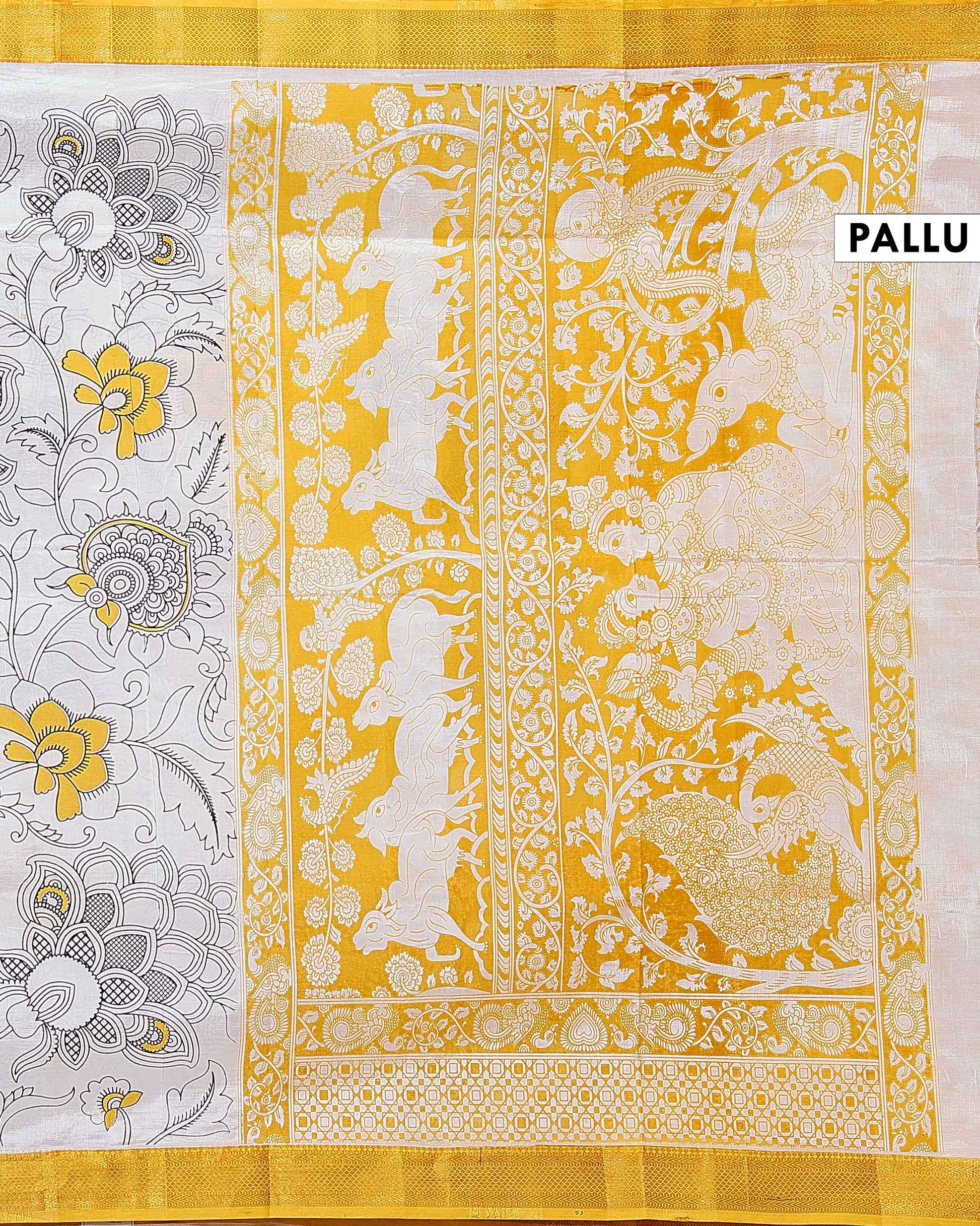 Handloom Mangalagiri Semi Chanderi Saree with Kalamkari-Inspired Floral Motifs and a Contrast Zari Border  - White 