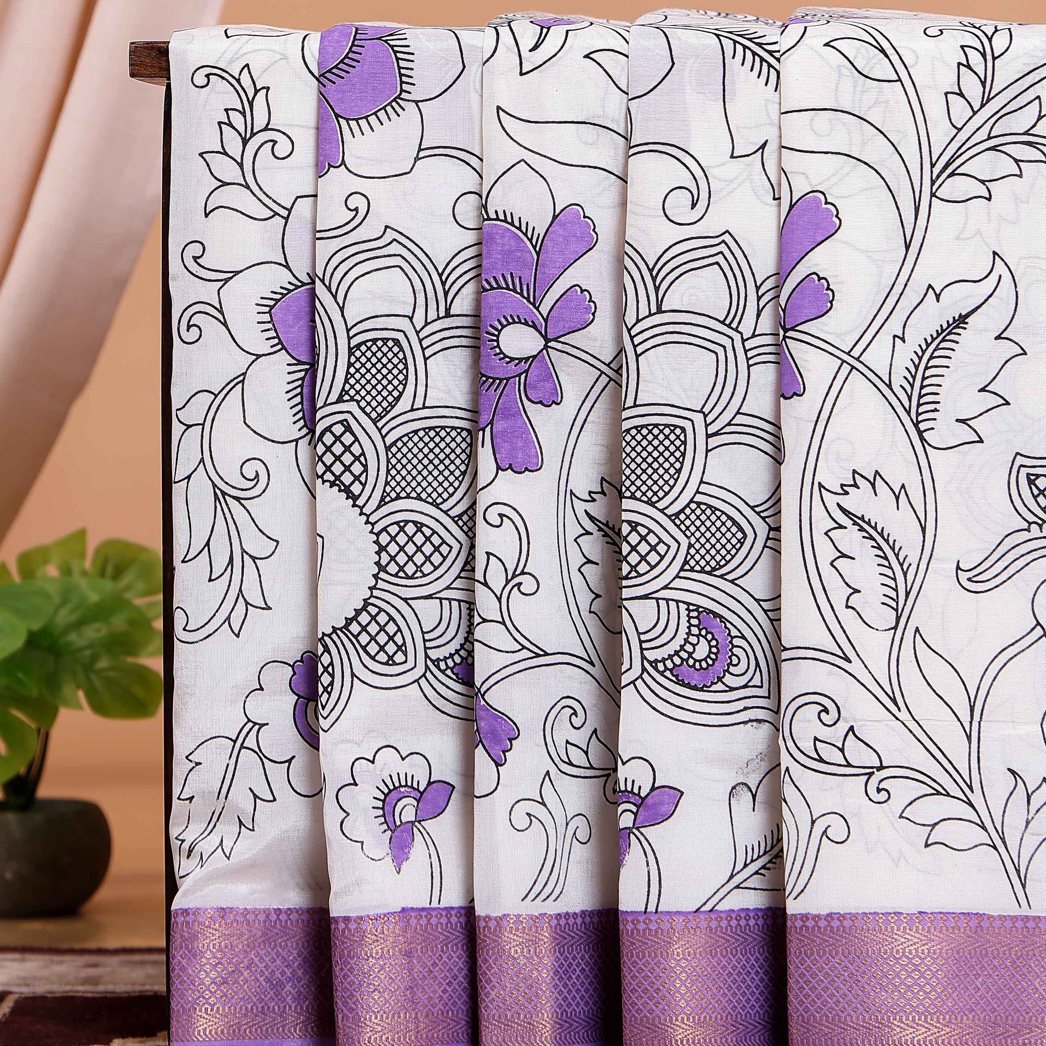 Handloom Mangalagiri Semi Chanderi Saree with Kalamkari Inspired Floral Motifs and a Contrast Zari Border  - White-one 