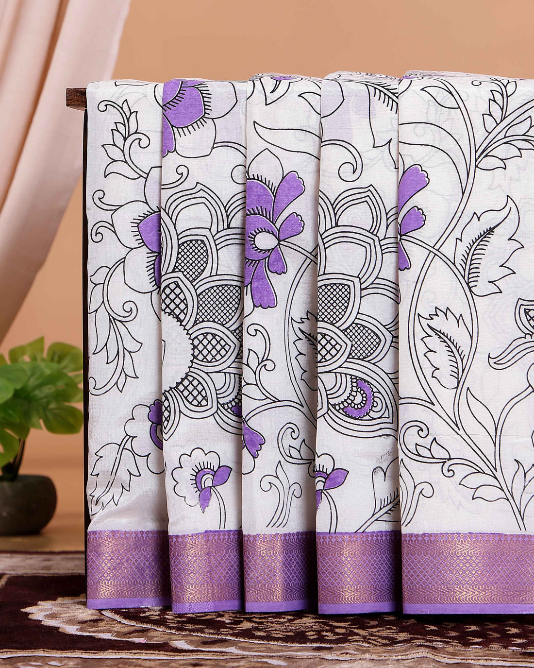 Handloom Mangalagiri Semi Chanderi Saree with Kalamkari Inspired Floral Motifs and a Contrast Zari Border  - White-one 