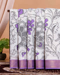 Handloom Mangalagiri Semi Chanderi Saree with Kalamkari Inspired Floral Motifs and a Contrast Zari Border  - White-one 