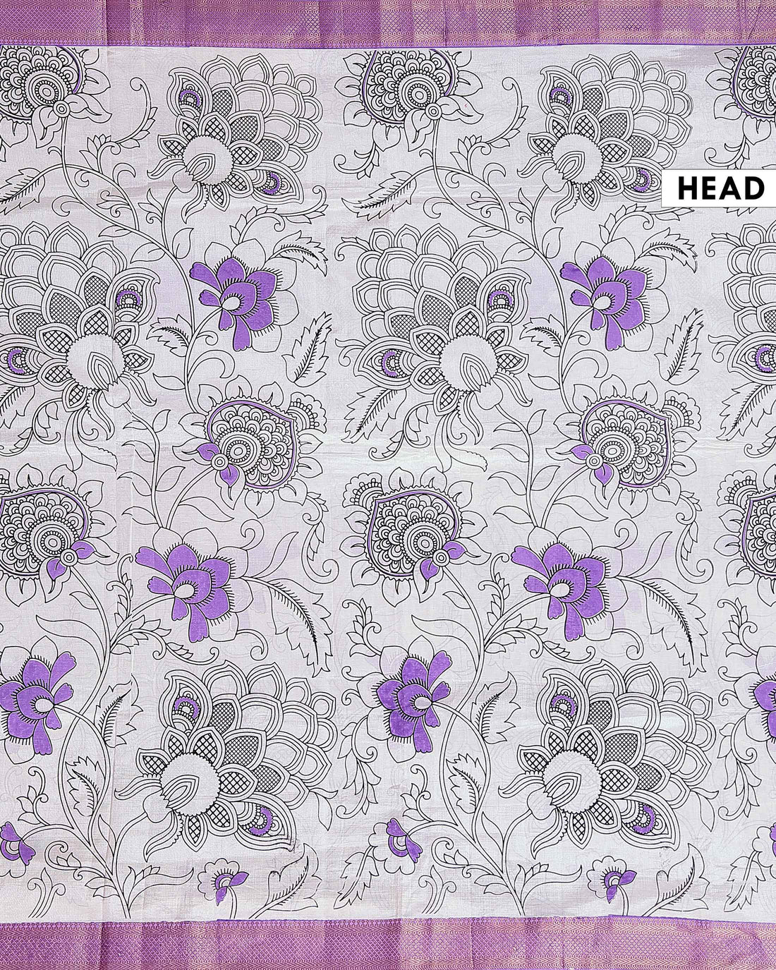 Handloom Mangalagiri Semi Chanderi Saree with Kalamkari Inspired Floral Motifs and a Contrast Zari Border  - White-one 