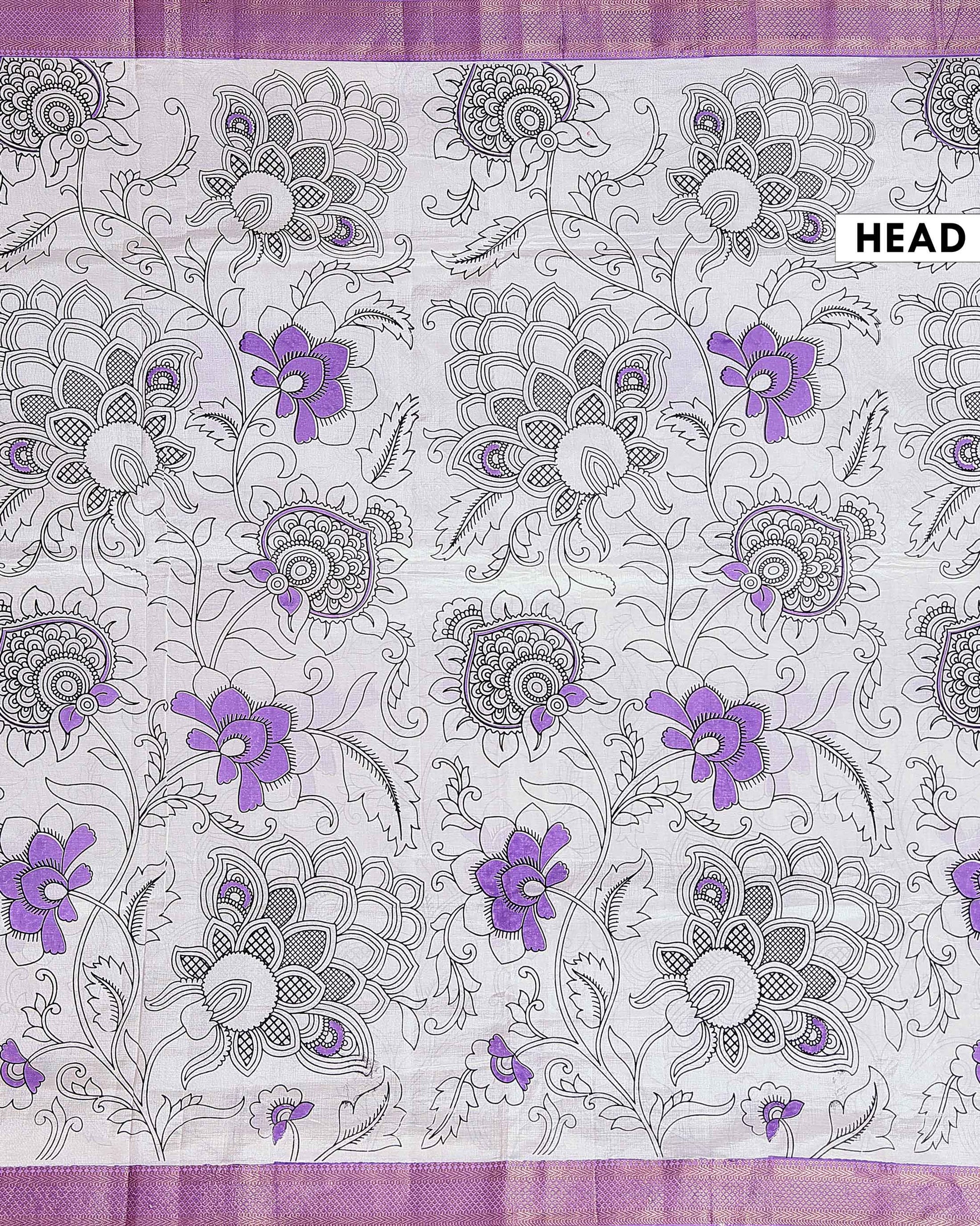 Handloom Mangalagiri Semi Chanderi Saree with Kalamkari Inspired Floral Motifs and a Contrast Zari Border  - White-one 