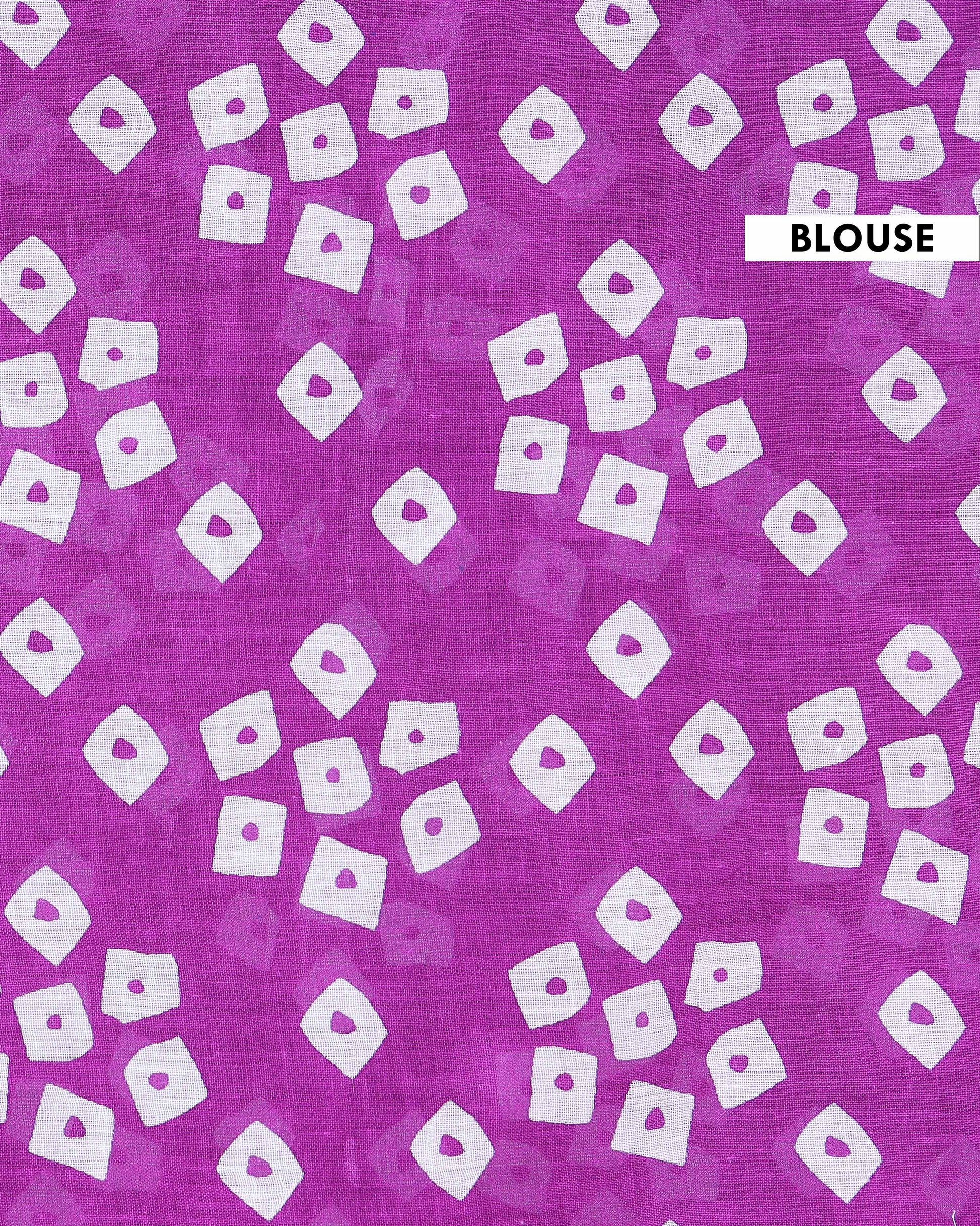 Handloom Mulmul Cotton Saree with Block Print Pallu and Border - Purple-Blouse