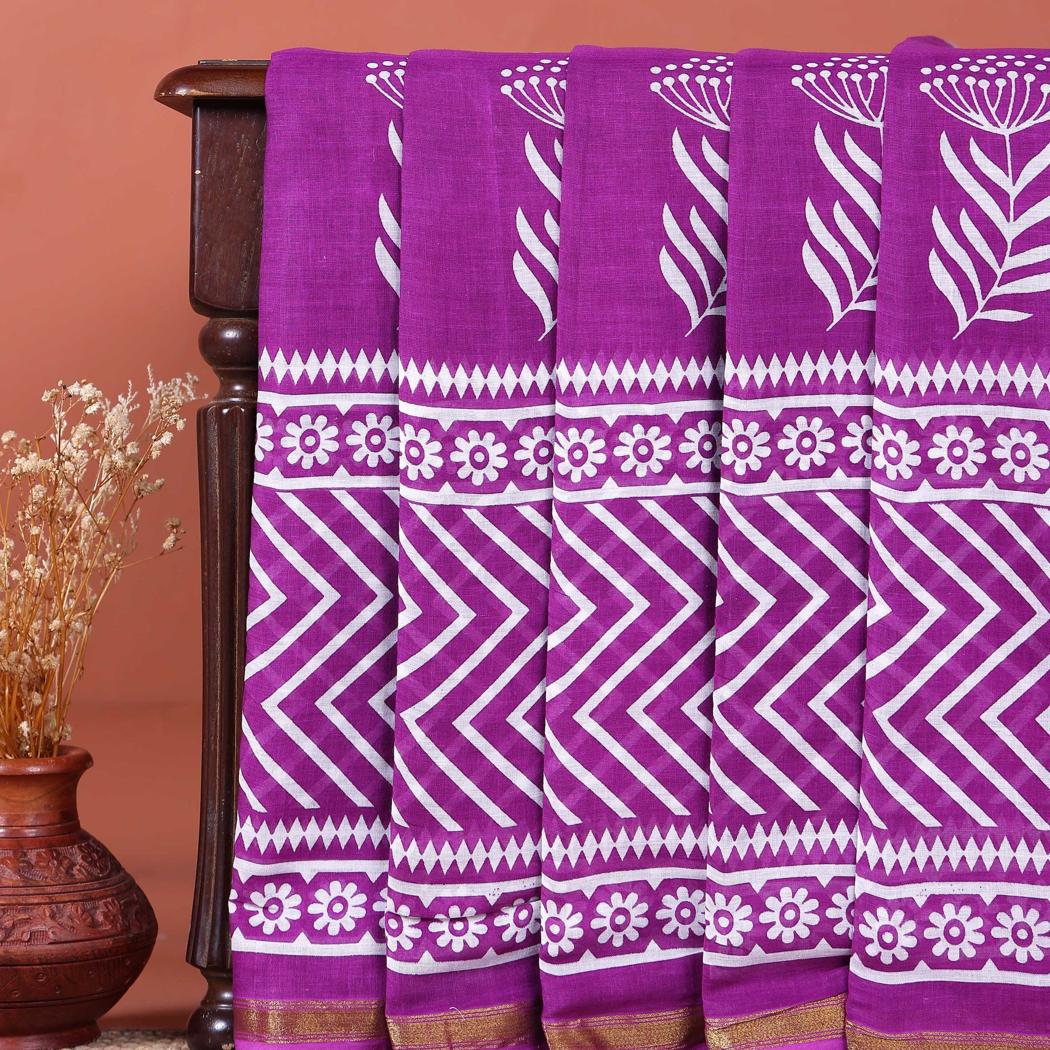 Handloom Mulmul Cotton Saree with Block Print Pallu and Border - Purple