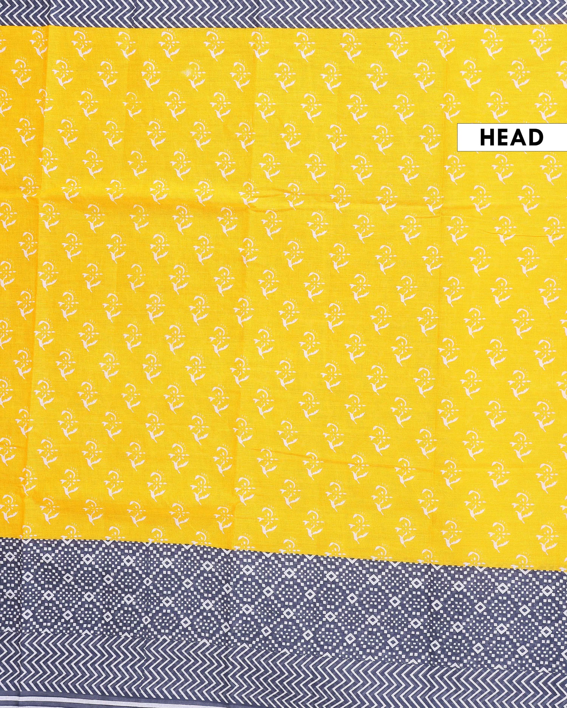 Handloom Mulmul Saree with Printed Body and Striped Pallu - Yellow-Head