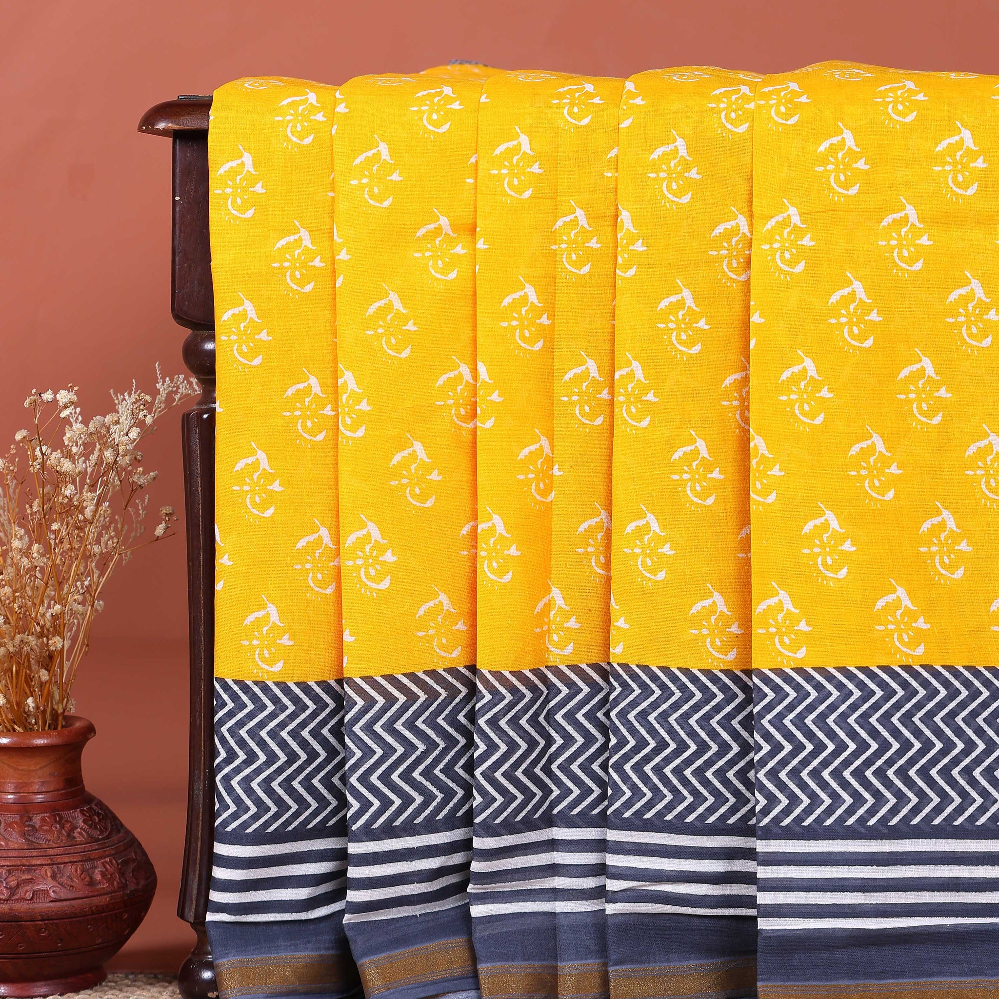 Handloom Mulmul Saree with Printed Body and Striped Pallu - Yellow
